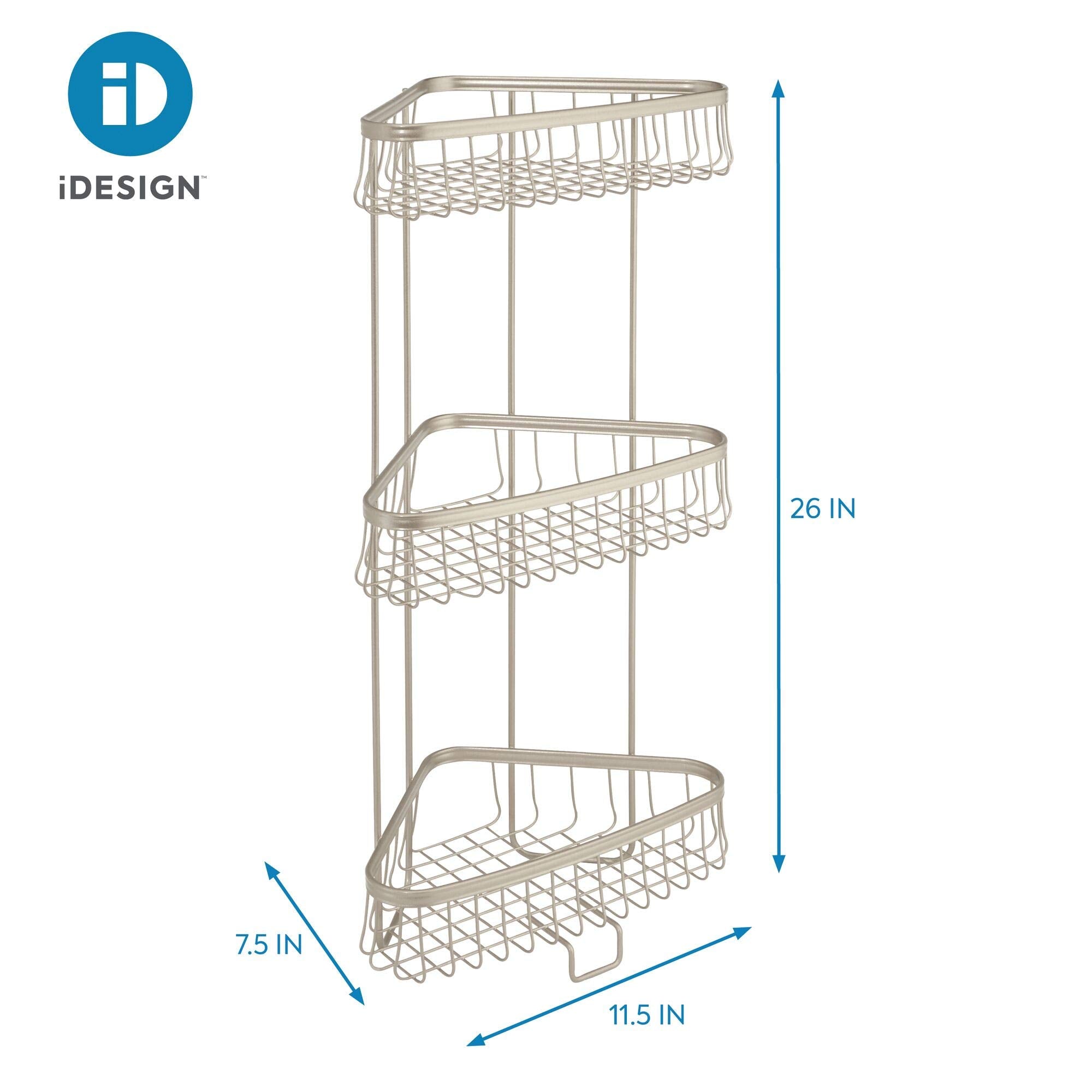 Idesign York Metal Wire Corner Standing Shower Caddy 3-Tier Bath Shelf Baskets For Towels, Soap, Shampoo, Lotion, Accessories, S
