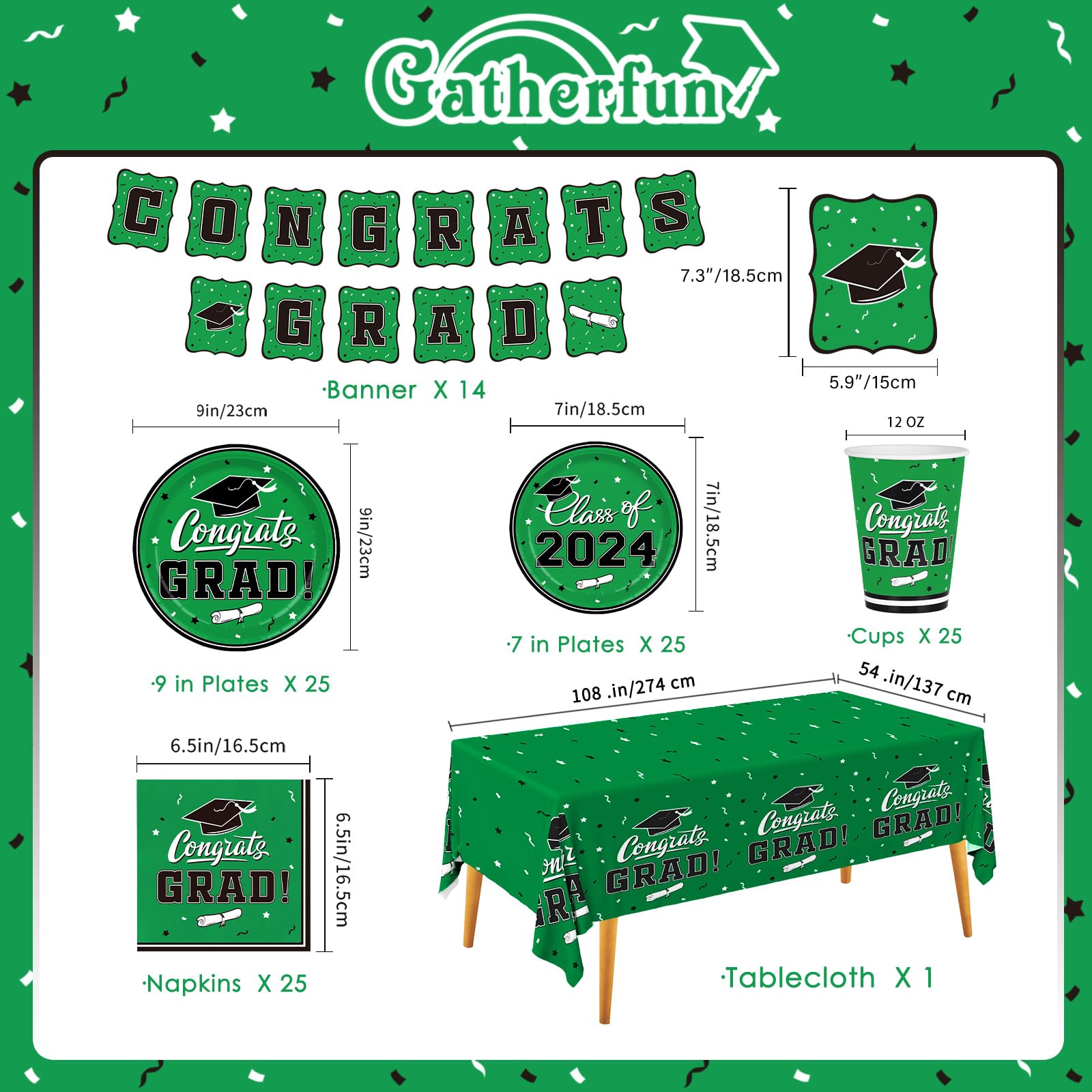 Graduation Party Supplies Gatherfun 2024 Graduation Party Dinnerware Set Green Disposable Paper Plates Napkins Cups Tablecloth B