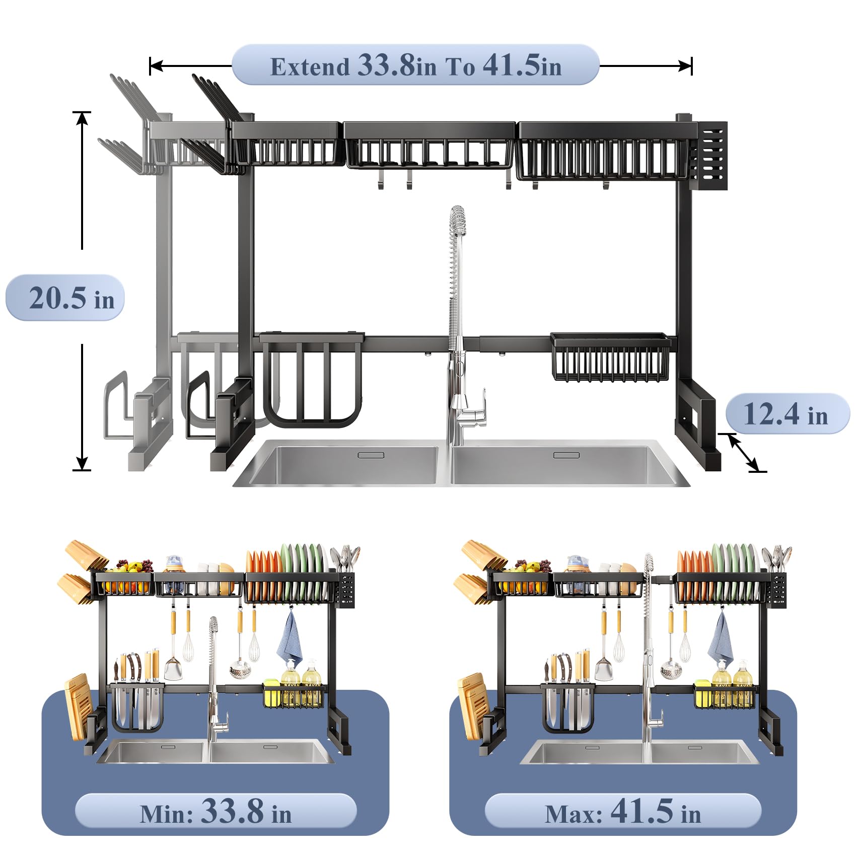 Over The Sink Dish Drying Rack, Adjustable (33.8'' To 41.5'') Large Dish Drainer Drying Rack For Kitchen Counter With Multiple B