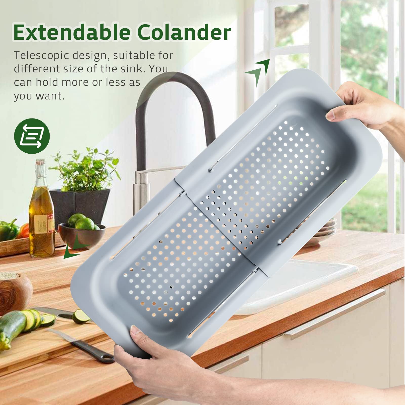 Komzon Extendable Colander Strainer Over The Sink, Retractable Kitchen Sink Basket To Wash Vegetables And Fruits, Food Strainers