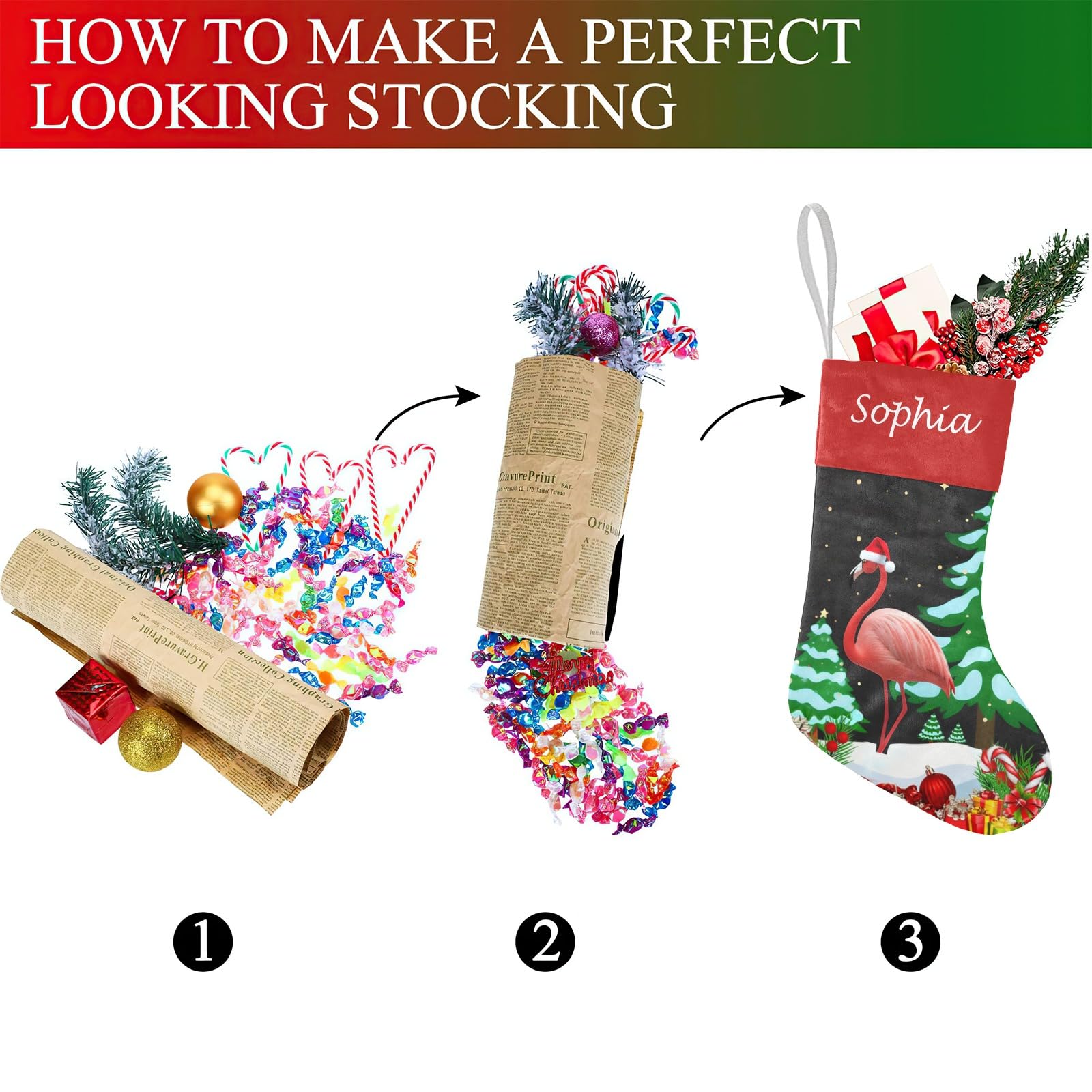 Flamingo Animal Christmas Tree Hat Christmas Stockings Custom Personalized Name Xmas Festive Gift Decor Family Party 17.52 x 7.8