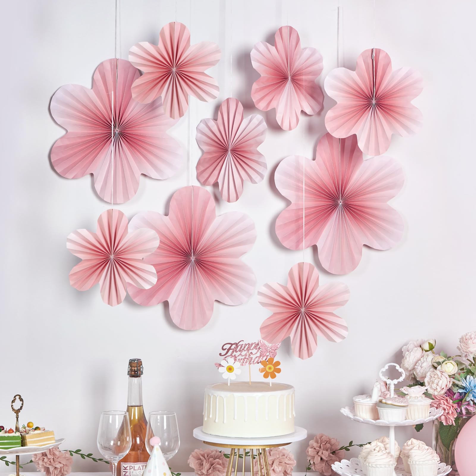 SUNBEAUTY 9 PCS Pink and Cherry Blossom Party Decorations Pink Paper Fans Decor Sunset Party Floral Backdrop Decoration Hanging