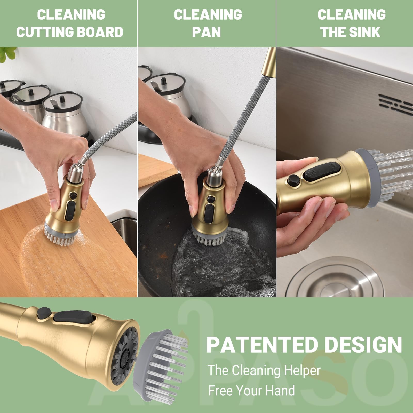 Appaso Gold Kitchen Faucet 3 Hole, Brushed Gold Kitchen Faucet With Soap Dispenser And Pull Down 3-Mode Sprayer, Solid Brass Hig