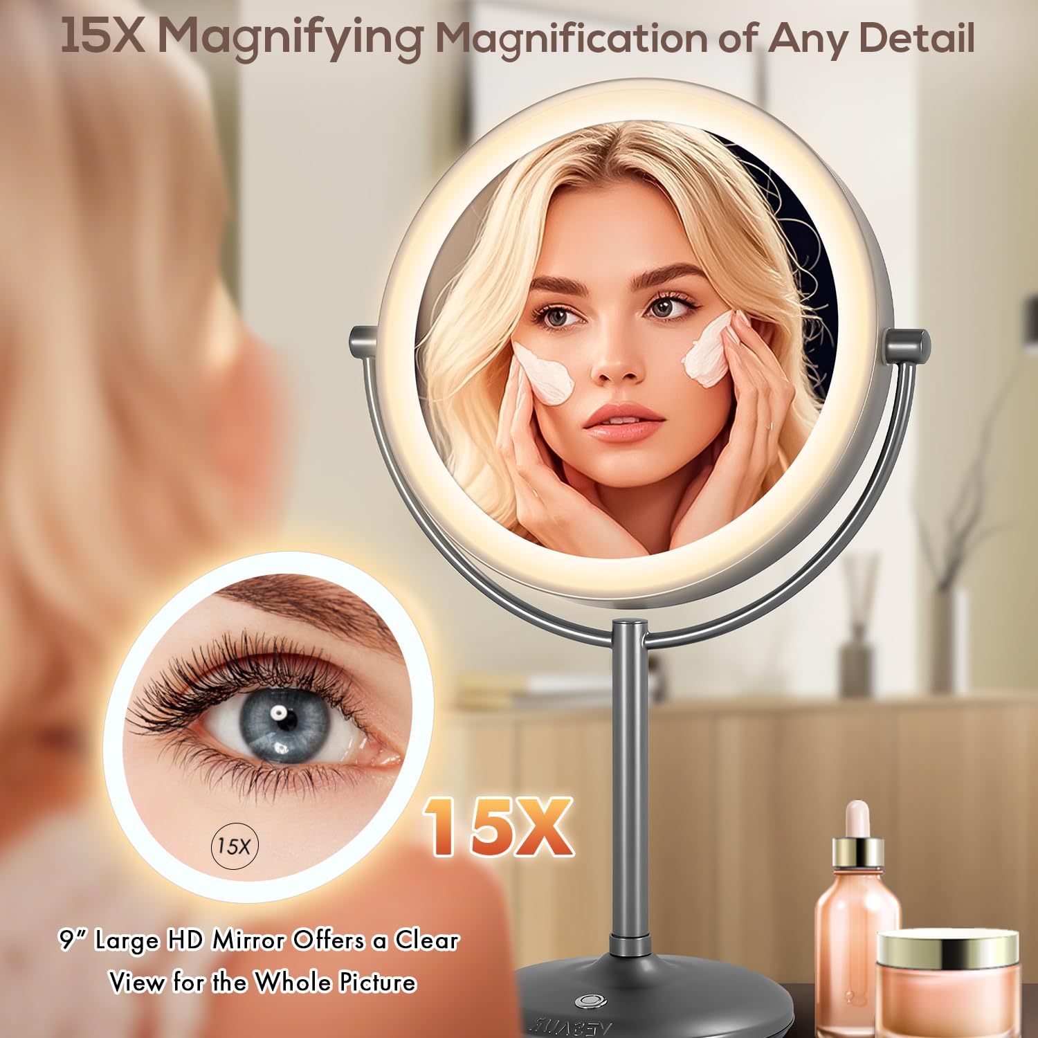Vesaur 9 1X15X Lighted Makeup Mirror, 5000Mah Rechargeable 2-Sided Magnifying Mirror With 3 Dimmable Lights, 360 Rotation Vanity