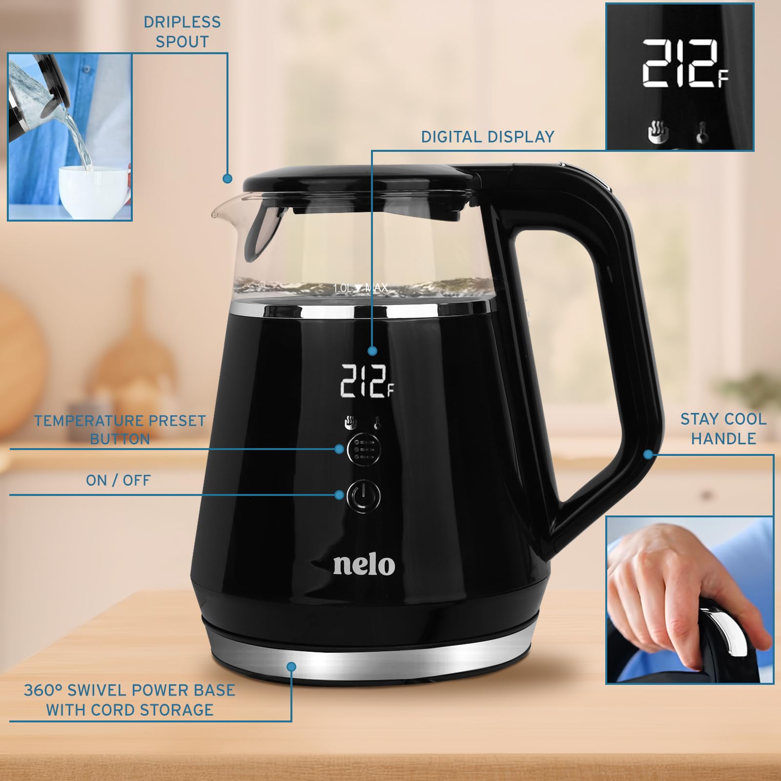 Nelo Electric Kettle With 5 Temperature Control Presets, Large Digital Temperature Display, Multi-Colored Led Indicator Lights,