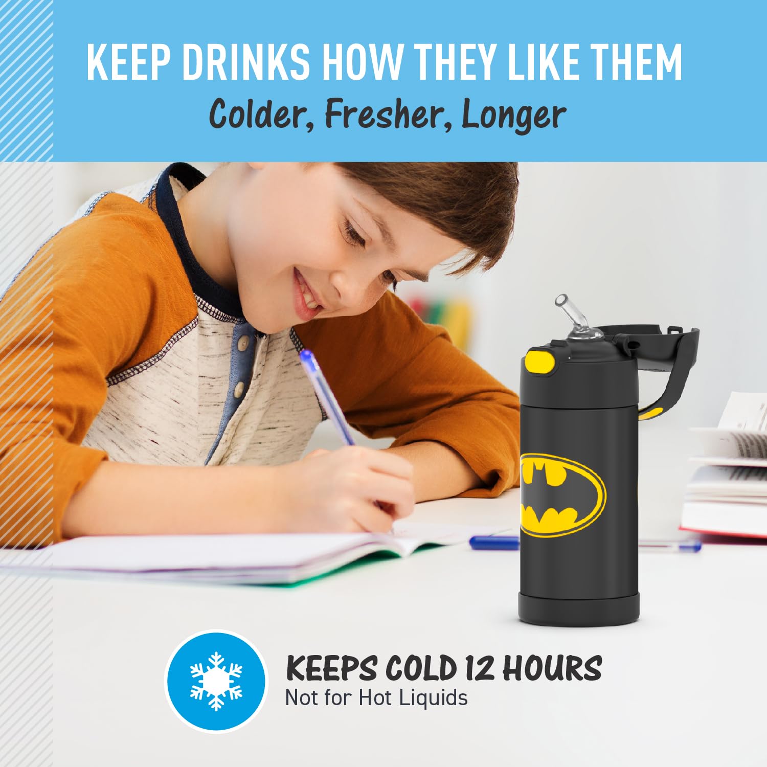 Thermos Funtainer Water Bottle With Straw - 12 Ounce, Batman - Kids Stainless Steel Vacuum Insulated Water Bottle With Lid