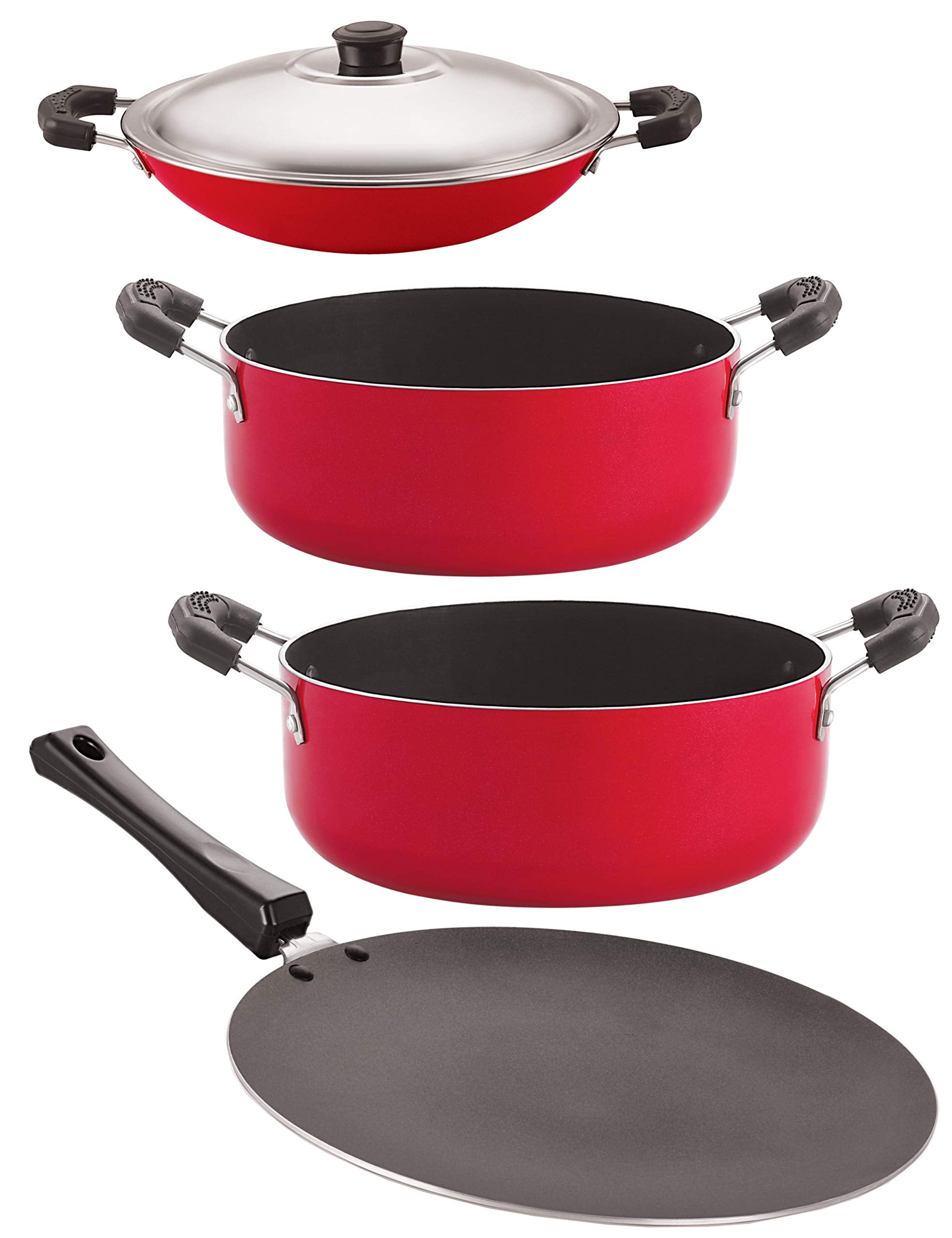 Nirlon Gas Compatible NonStick Aluminium Cookware Set, 4Pieces, Red/Black (Ct11_Ac_Cs20_Cs24)