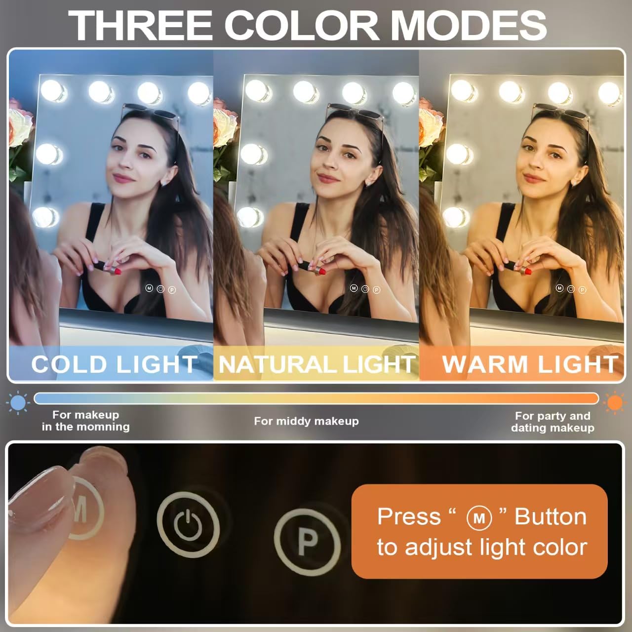 Luxevue Vanity Mirror With Lights, Makeup Mirror, Lighted Hollywood Mirror With Dimmable 3 Color Lights, Detachable 10X Spot Mir