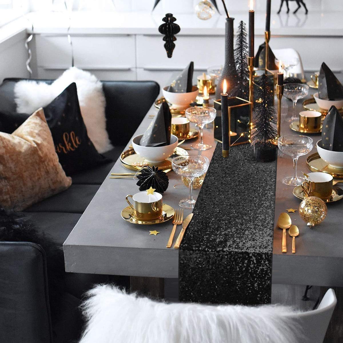 Tiosggd Black Sequin Table Runners 12''X108'', 2 Packs Glitter Table Cloth Party Suppliers For Halloween Decorations Bridal Baby