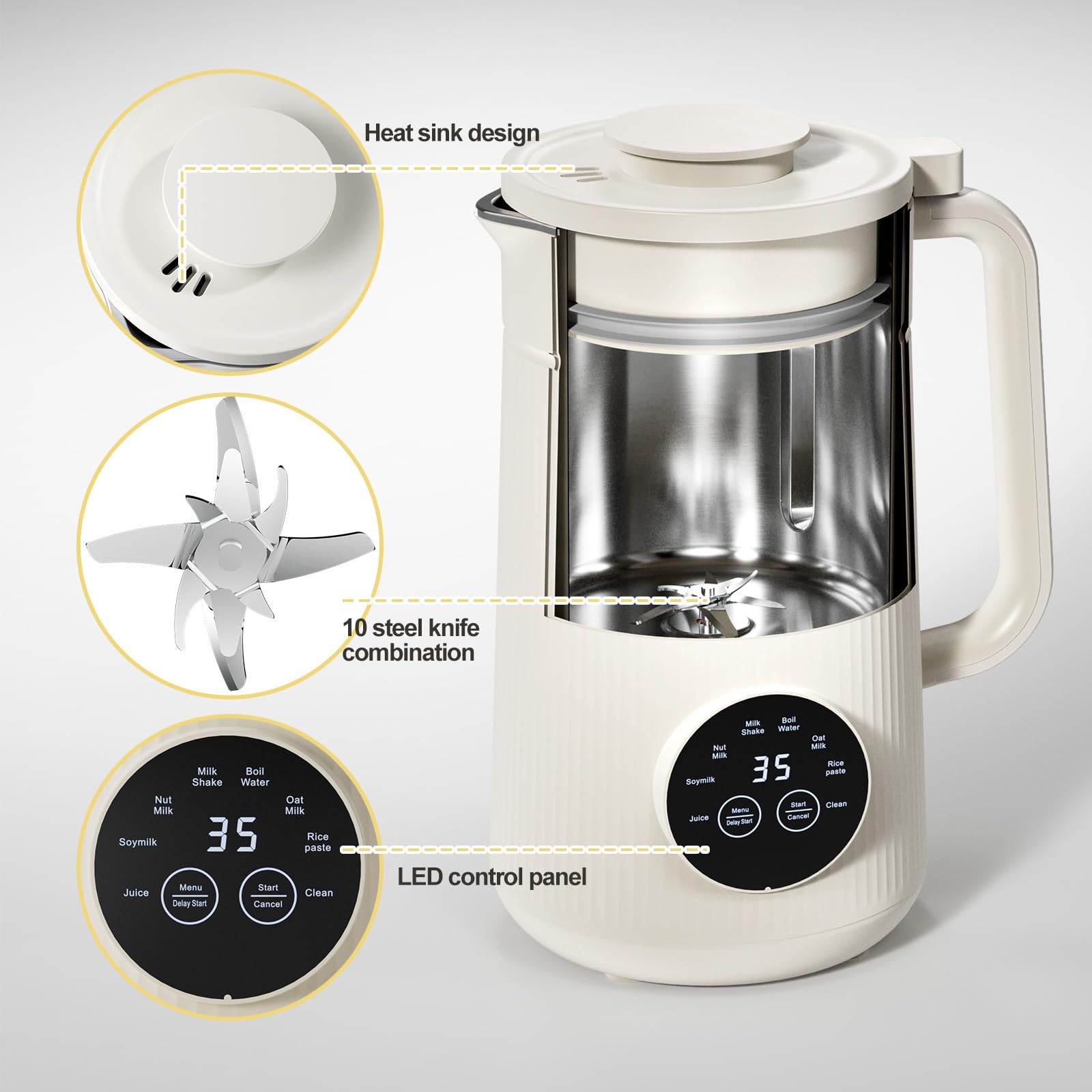Mooye Automatic Nut Milk Maker Machine, 35Oz/1000Ml Multi-Functional Soybean Milk Machine With 10 Blades, Plant-Based, Oat, Almo