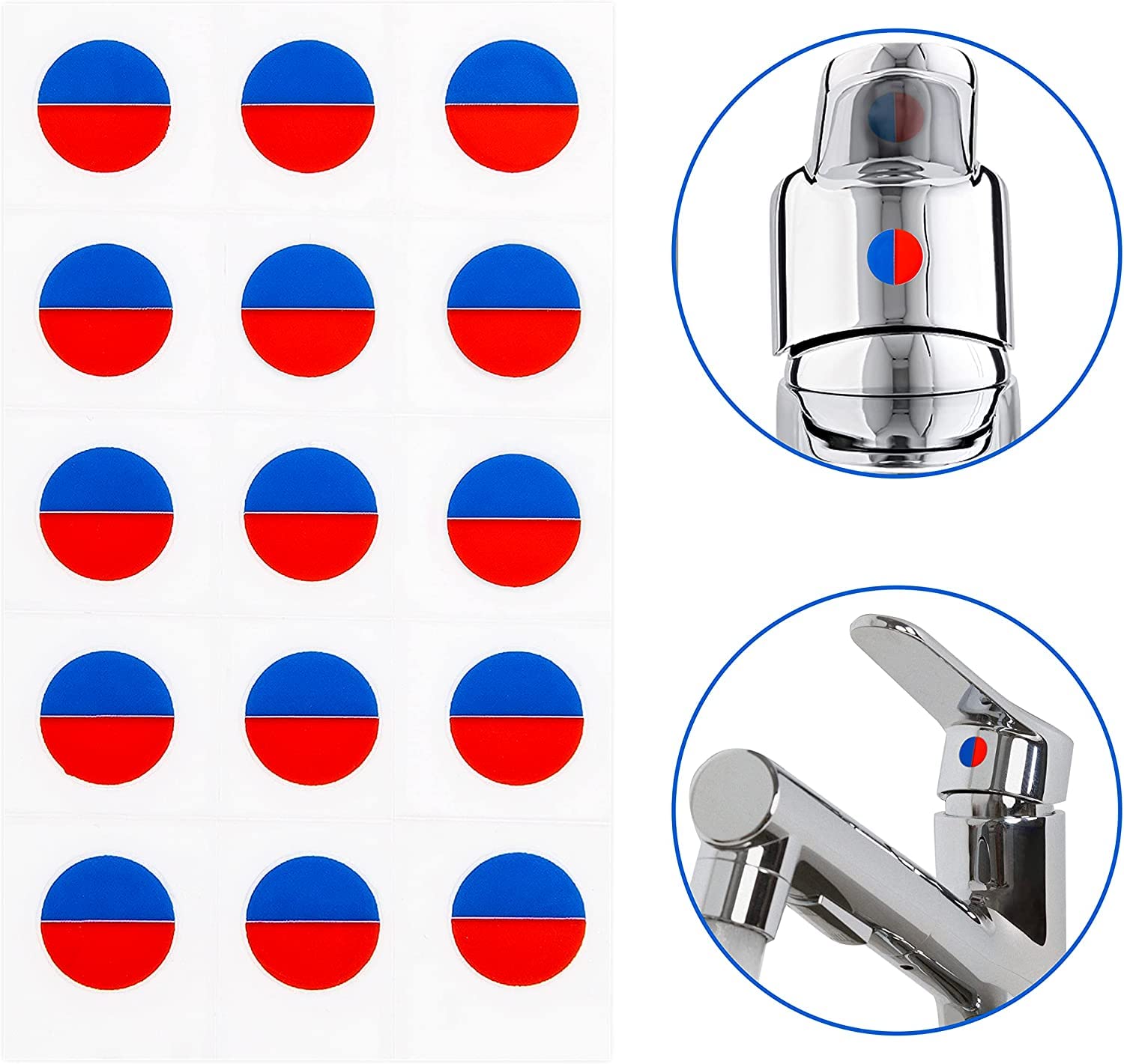 Danojo Faucet Stickers, 15 Hot And Cold Water Stickers - Kitchen Faucet Stickers - Red & Blue Vinyl Tap Faucet Transfer Stickers