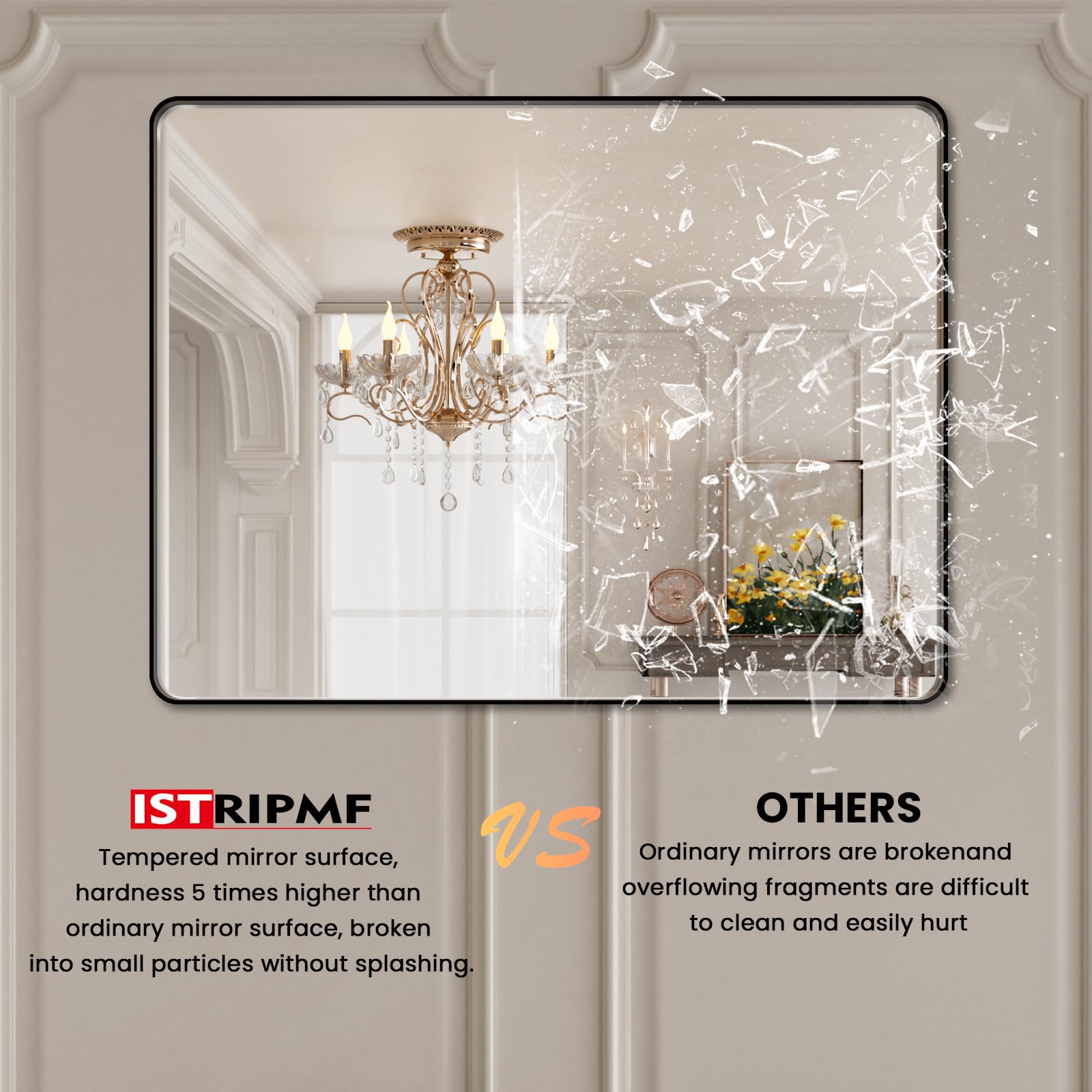 Istripmf Black Metal Framed Bathroom Mirror For Wall,40X38 Rounded Rectangle Mirror, Matte Black Bathroom Vanity Mirror Farmhous