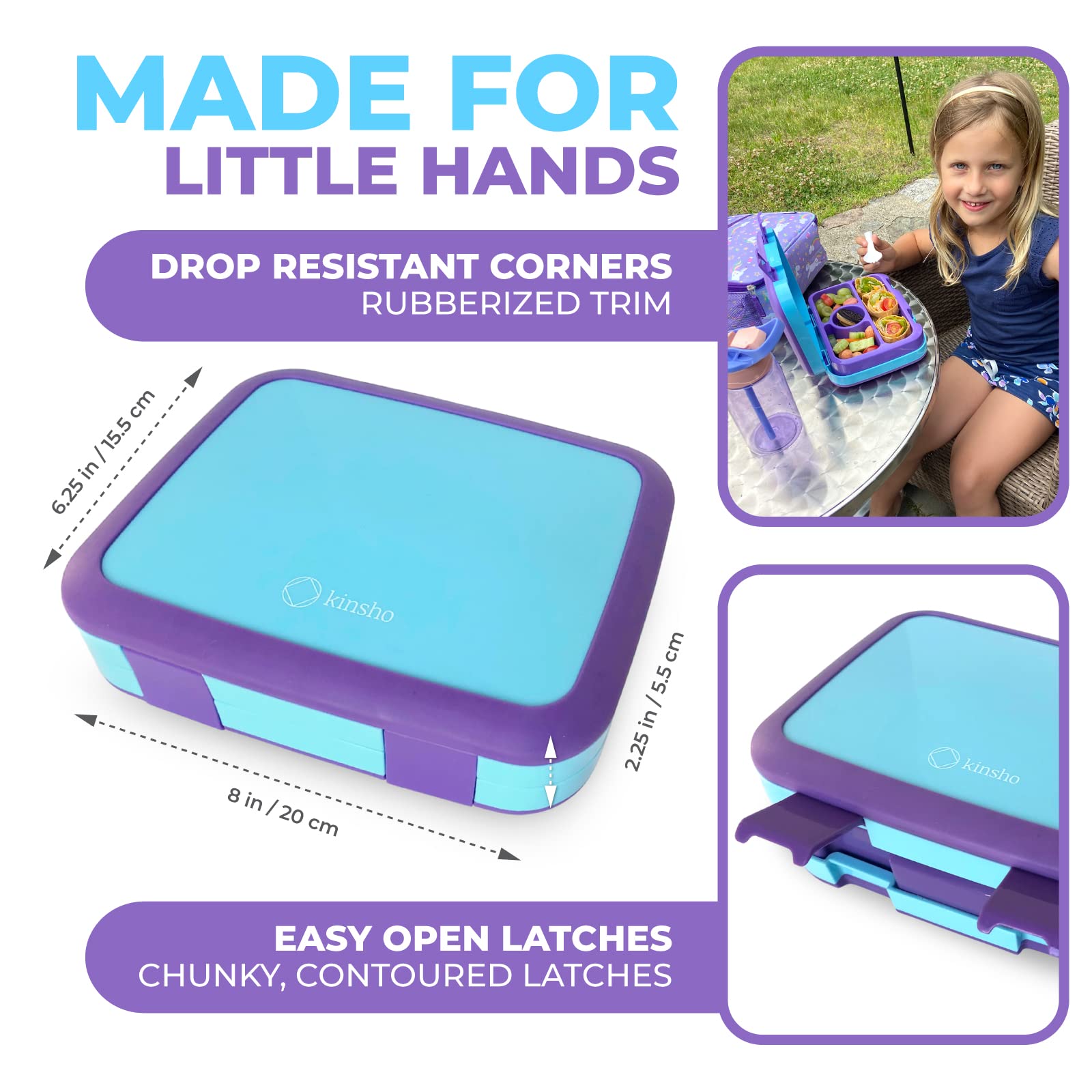 Kinsho Bento Lunch Box For Kids Toddlers, 4 Portion Sections Secure Lid, Microwave Safe Bpa Free Removable Tray, Pre-School Kid