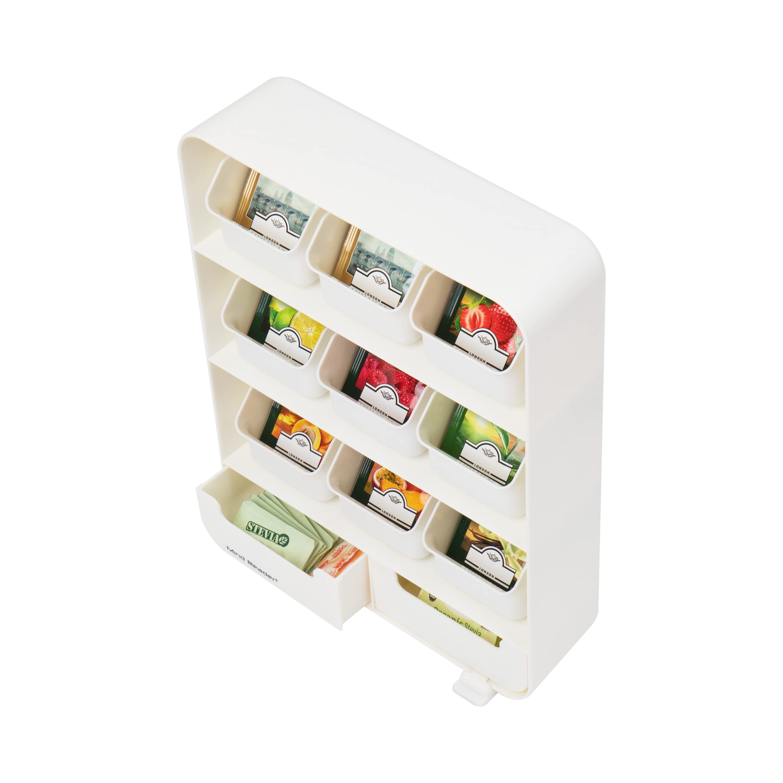Mind Reader Tea Bag Organizer - Plastic Kitchen Storage, 10.25"L x 3.25"W x 13.75"H, White, Model TBORG-WHT