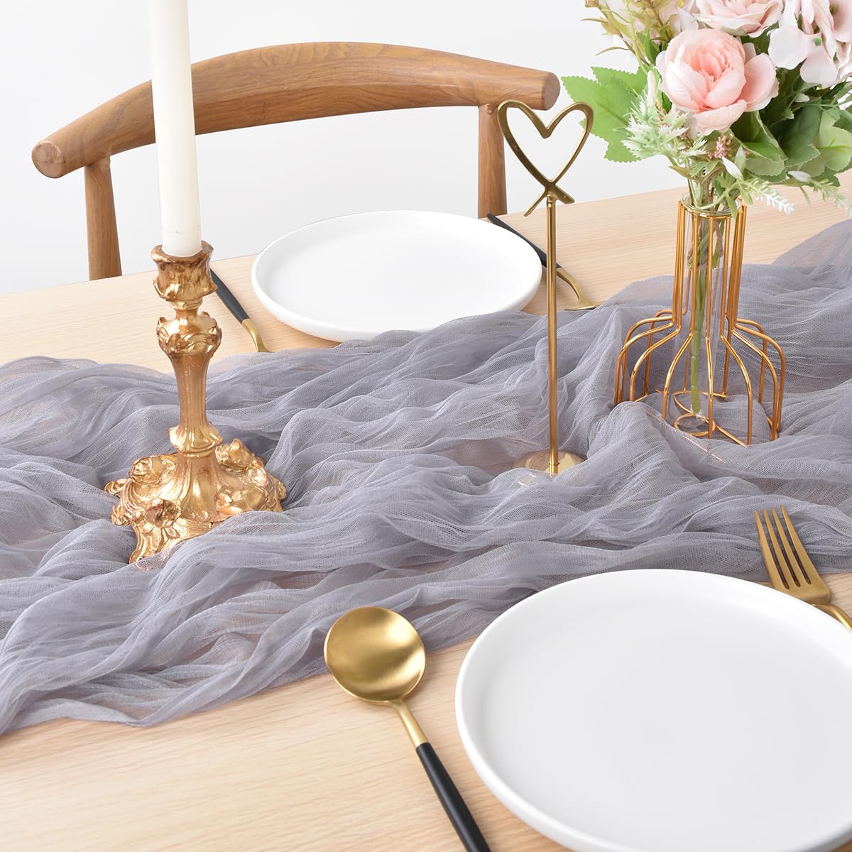 Joanlody Light Gray Cheesecloth Table Runner 10Ft Rustic Gauze Cheese Cloth Table Runner Boho Fall Thanksgiving Table Runner For
