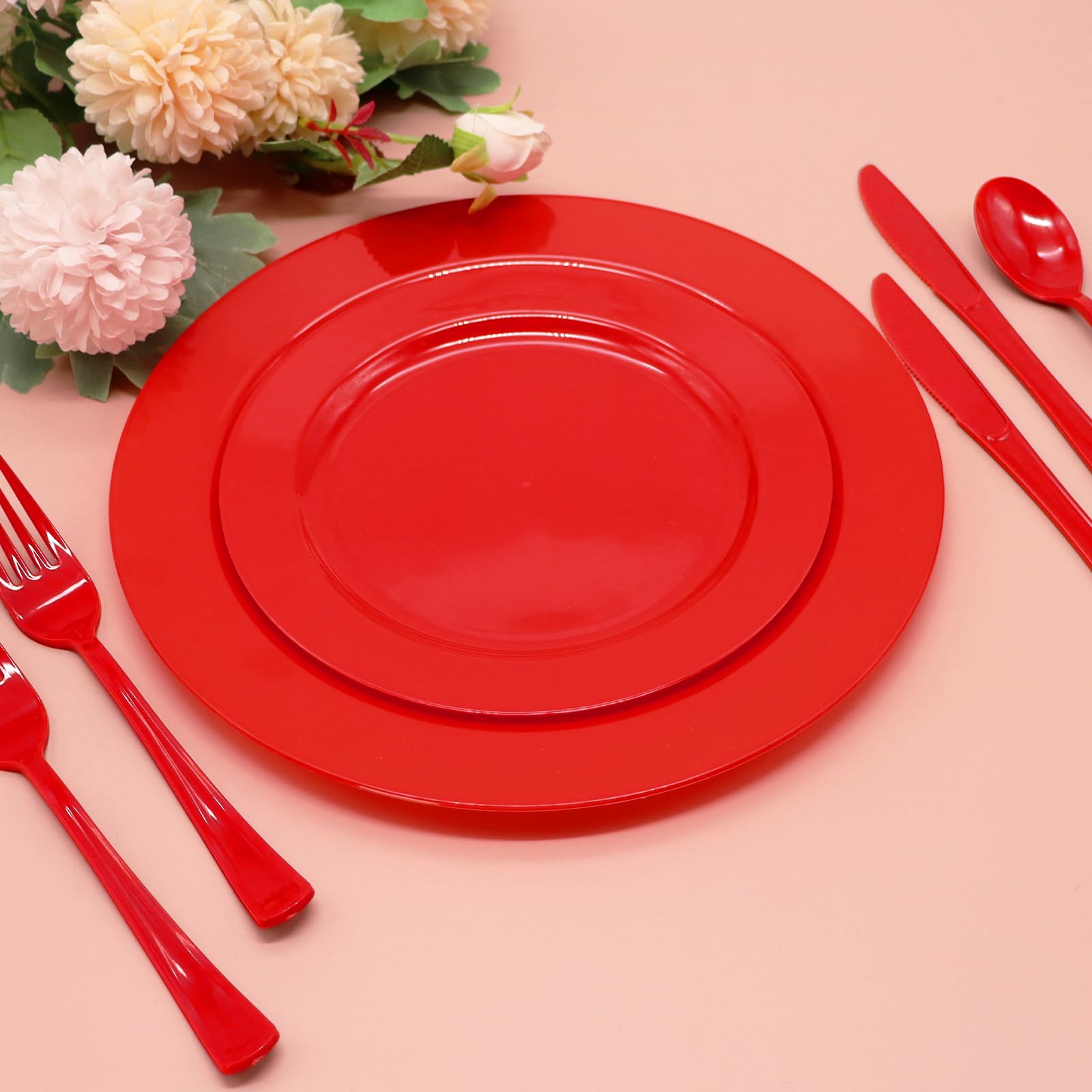 Joy Akkess 50Pcs Red Plastic Plates Disposable Plates Heavy Duty 25 Red Dinner Plates 10.25   , 25 Red Dessert Plates 7.5   , Re