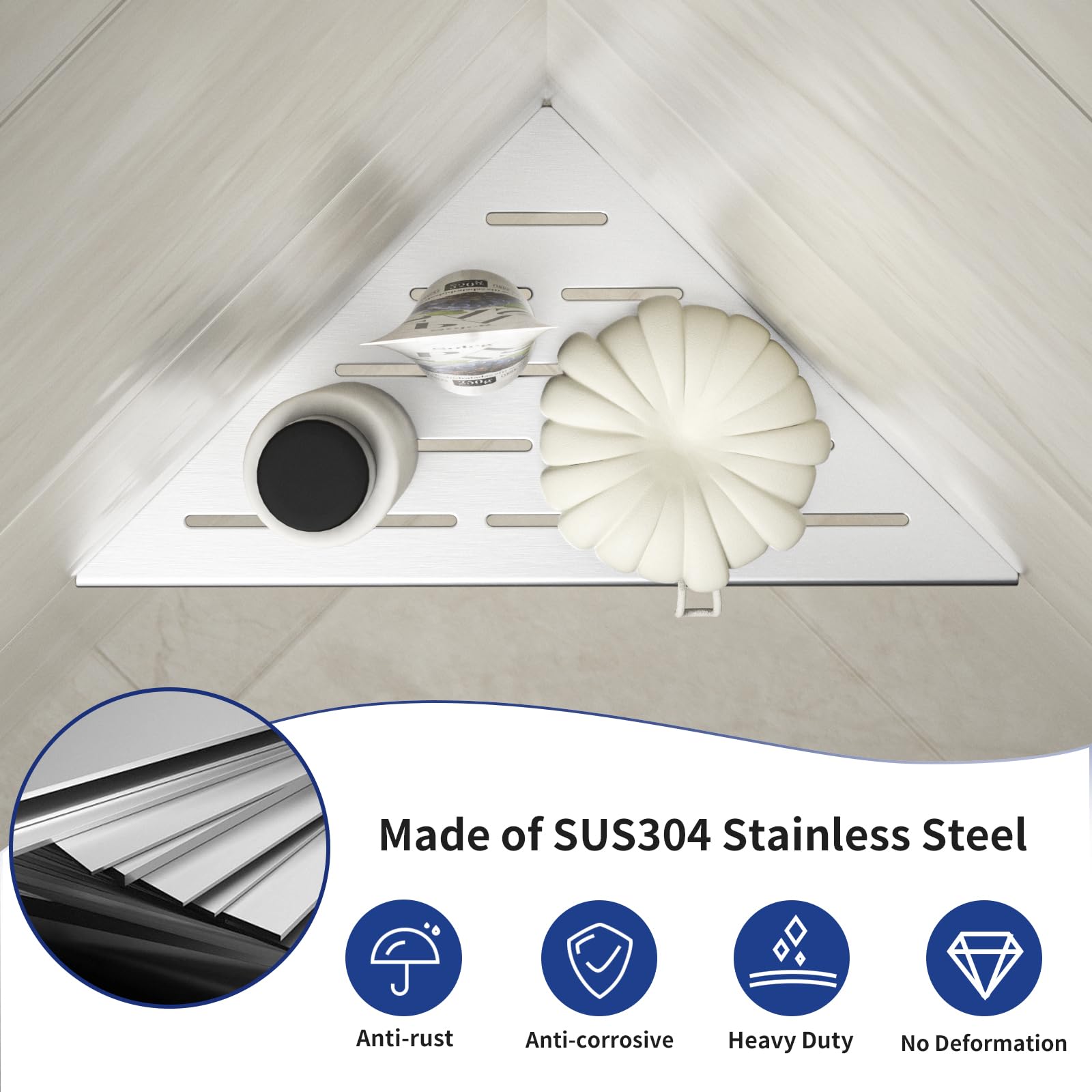 Bernkot Corner Shower Shelf 10'' Brushed 304 Stainless Steel Slot Design Recessed Corner Shelves Bathroom Shower Shelf For Tiled