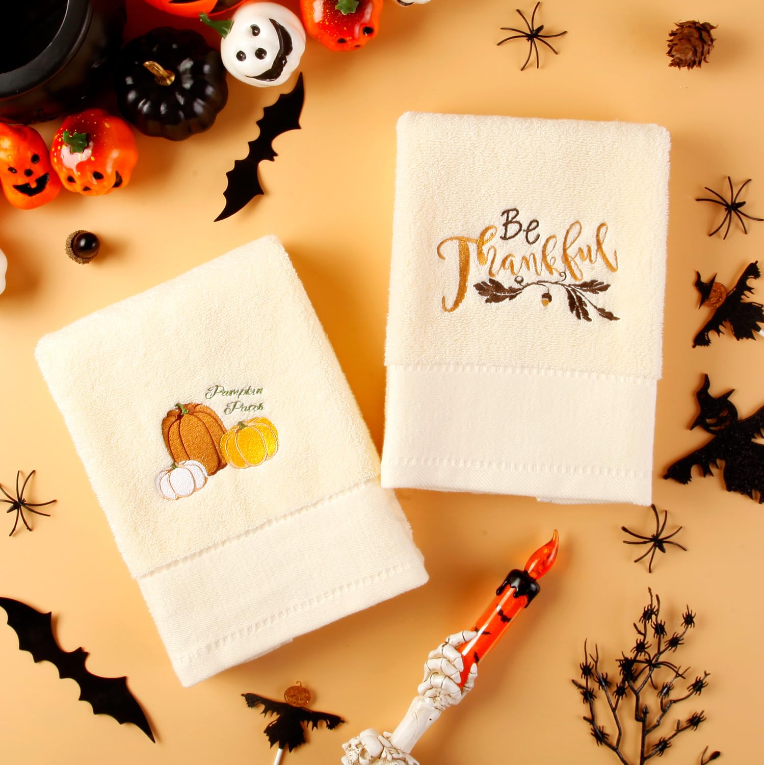 Quera 2 Pack Pumpkin Thanksgiving Hand Towels Embroidered Premium Luxury Decor Fall Bathroom Decorative Dish Set For Drying, Cle