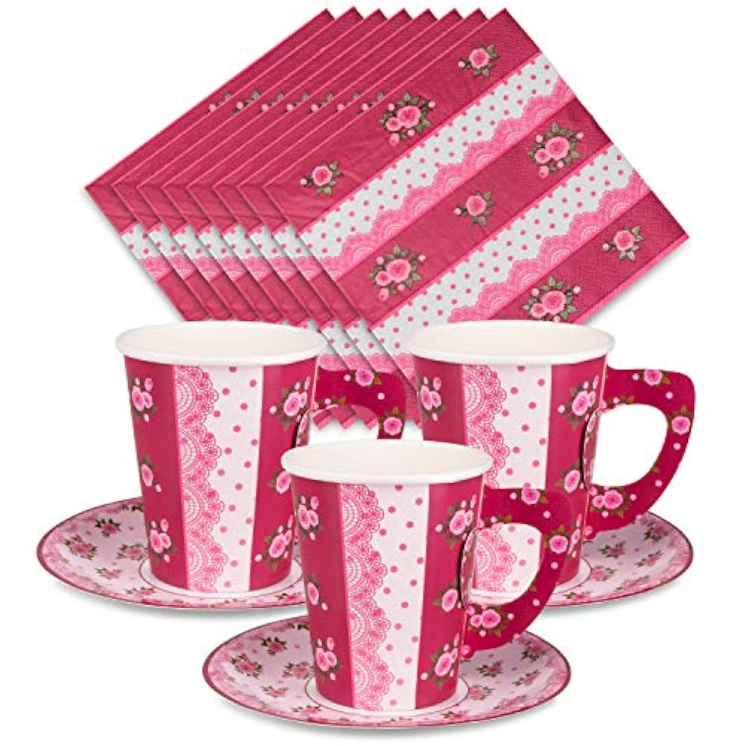 Royal Bluebonnet Paper Tea Cups And Saucer Sets - 24 Sets Of Disposable Tea Party Decorations For Valentine'S Day, Pink Floral C