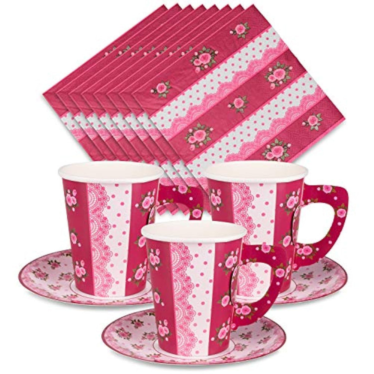 Royal Bluebonnet Paper Tea Cups And Saucer Sets - 24 Sets Of Disposable Tea Party Decorations For Valentine'S Day, Pink Floral C