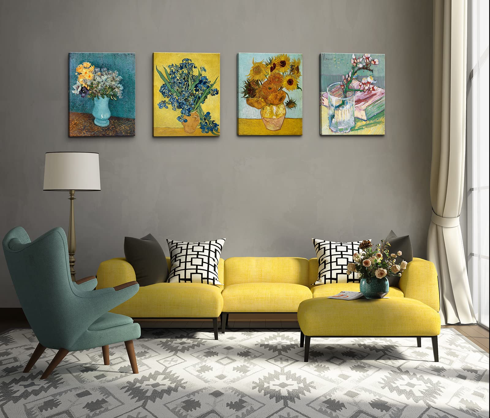 Dgbtcart Sunflowers Irises Flower Vase By Vincent Van Gogh Canvas Wall Art, Classic Paintings Reproduction Prints Floral Artwork