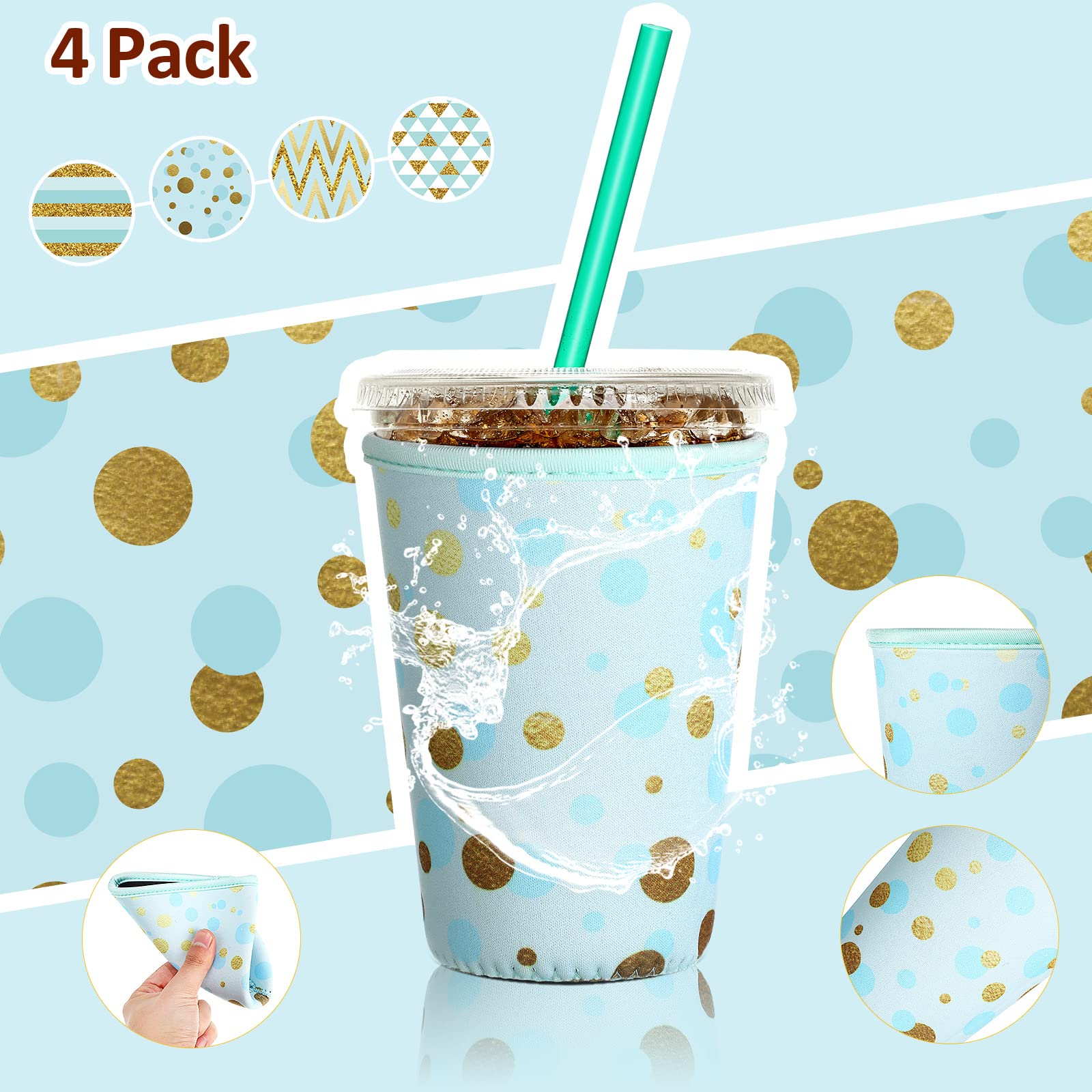 Patelai 4 Pieces Reusable Coffee Sleeve Cup Insulator For Cold Drinks Beverages And Holder For Most Coffee (22-24 Oz Medium,Gree