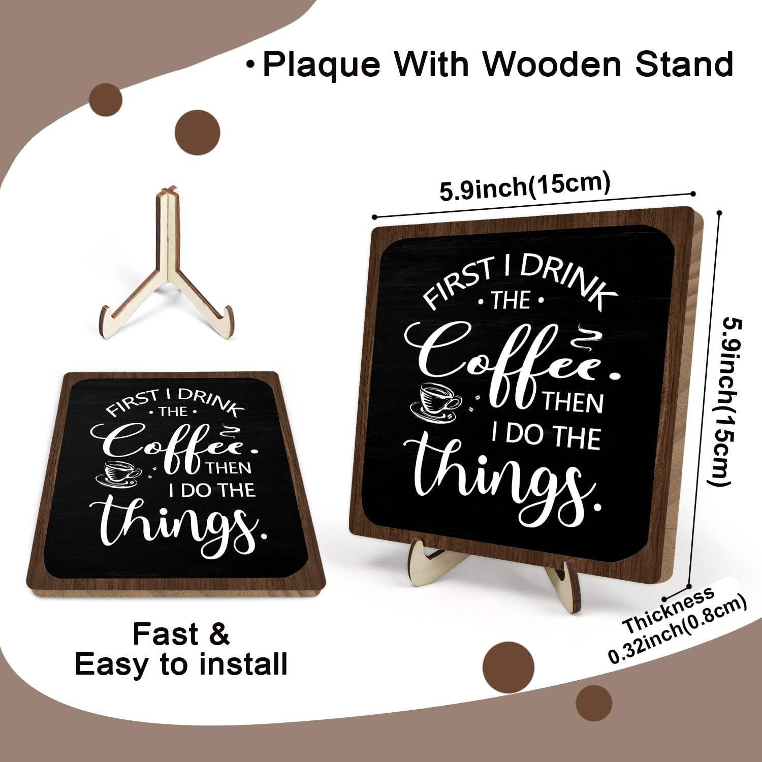 Rustic Wooden Plaque Coffee Sign - Farmhouse Coffee Bar Decor, Funny Desk Shelf Decor - 5.9 x 5.9Inch (Black + Brown)