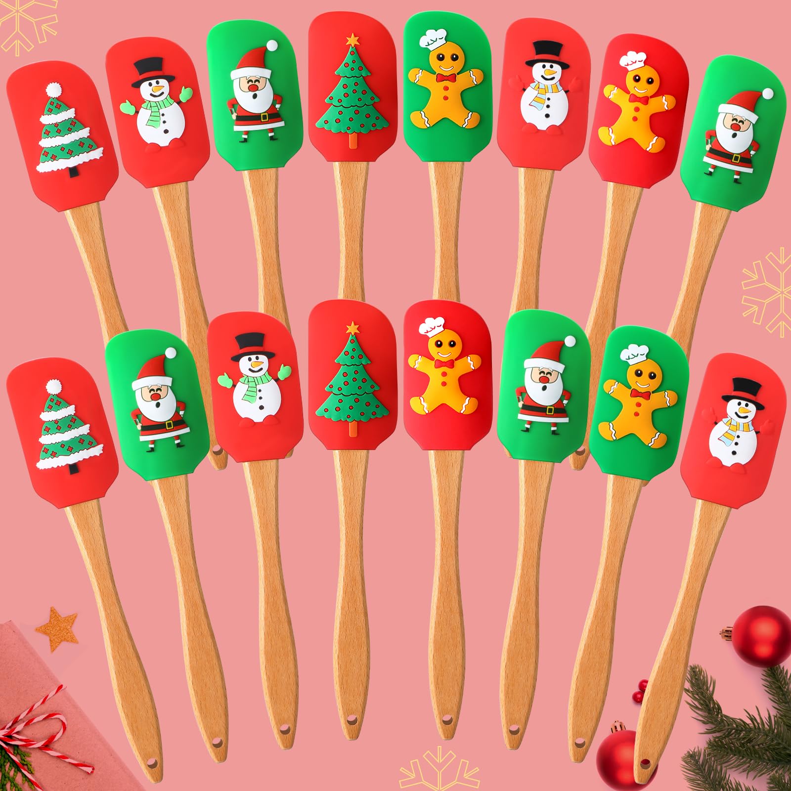 Patelai 16 Pcs Christmas Silicone Spatulas with Wooden Handle,Wooden