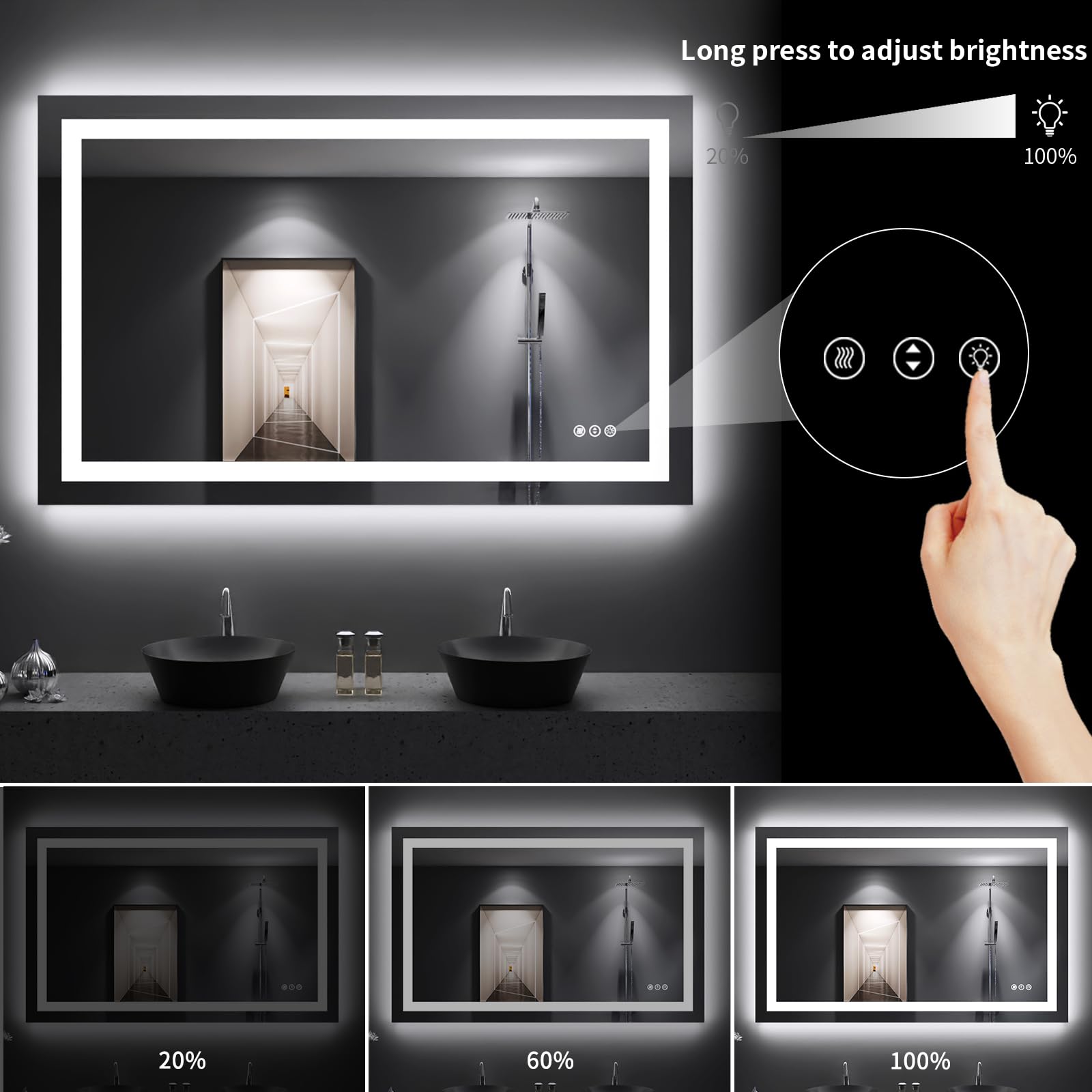 LOAAO 48''X30'' LED Bathroom Mirror with Lights  Anti-Fog  Dimmable  Backlit + Front Lit  Lighted Bathroom Vanity Mirror for Wall  Memory Function  Tempered Glass  Shatter-Proof  ETL Listed
