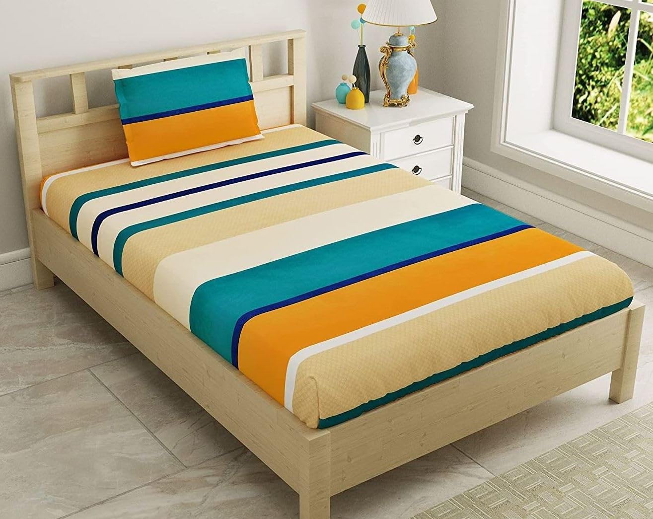 Rrc Gless Cotton Elegant Polycotton Elastic Fitted Bedsheet With 1 Pillow Cover,36X78(Inches) Elastic On All Around Side To Grip