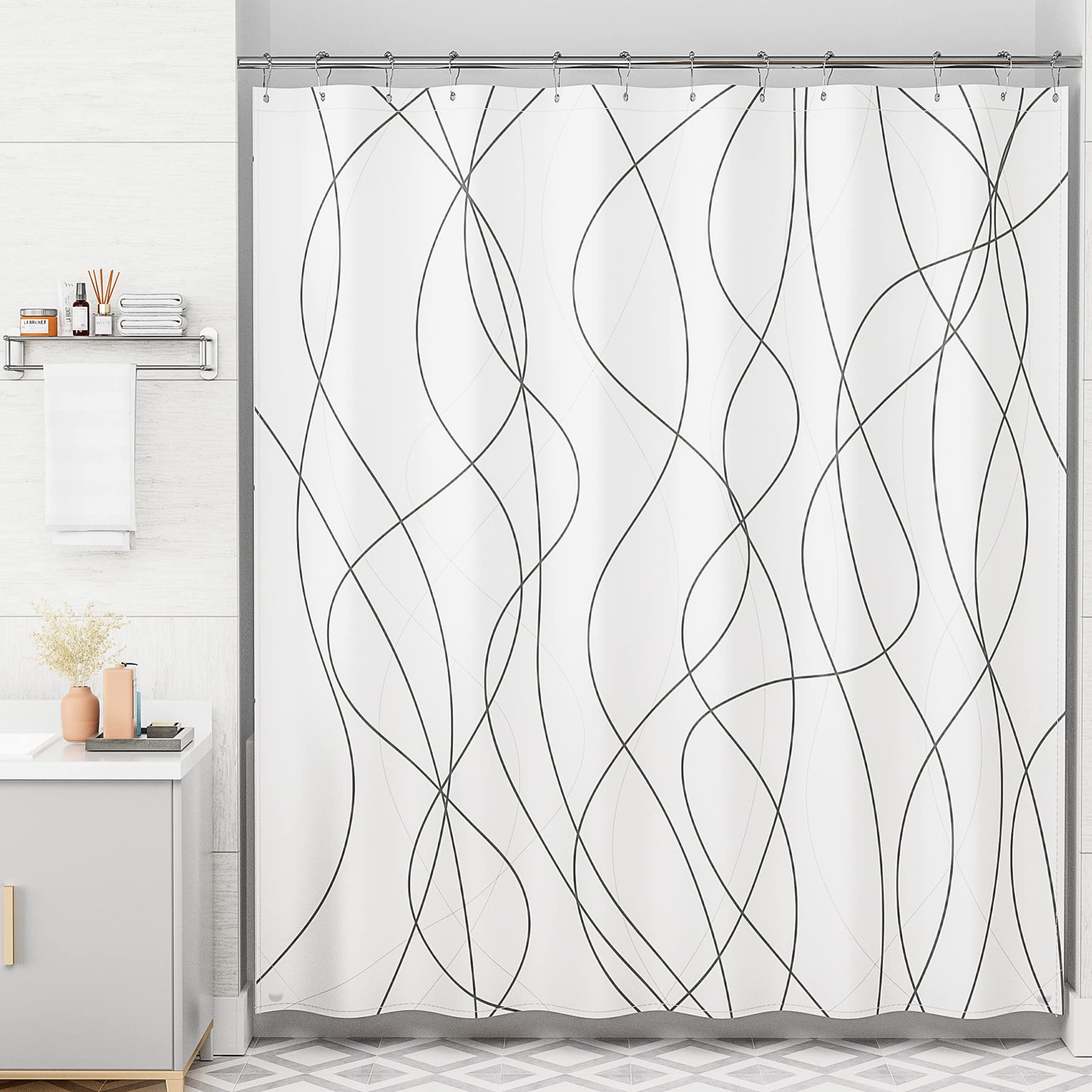 Amazerbath Shower Curtain Sets, Rustic Abstract Black Striped Cloth Shower Curtain With 12 Metal Shower Curtain Hooks, Luxury Wa