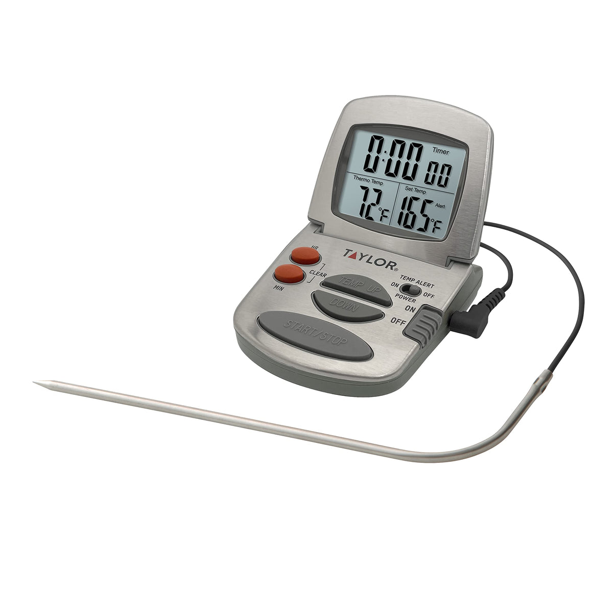 Taylor Programmable With Timer Instant Read Wired Probe Digital, Meat, Food, Grill Bbq Cooking Kitchen Thermometer, Stainless St
