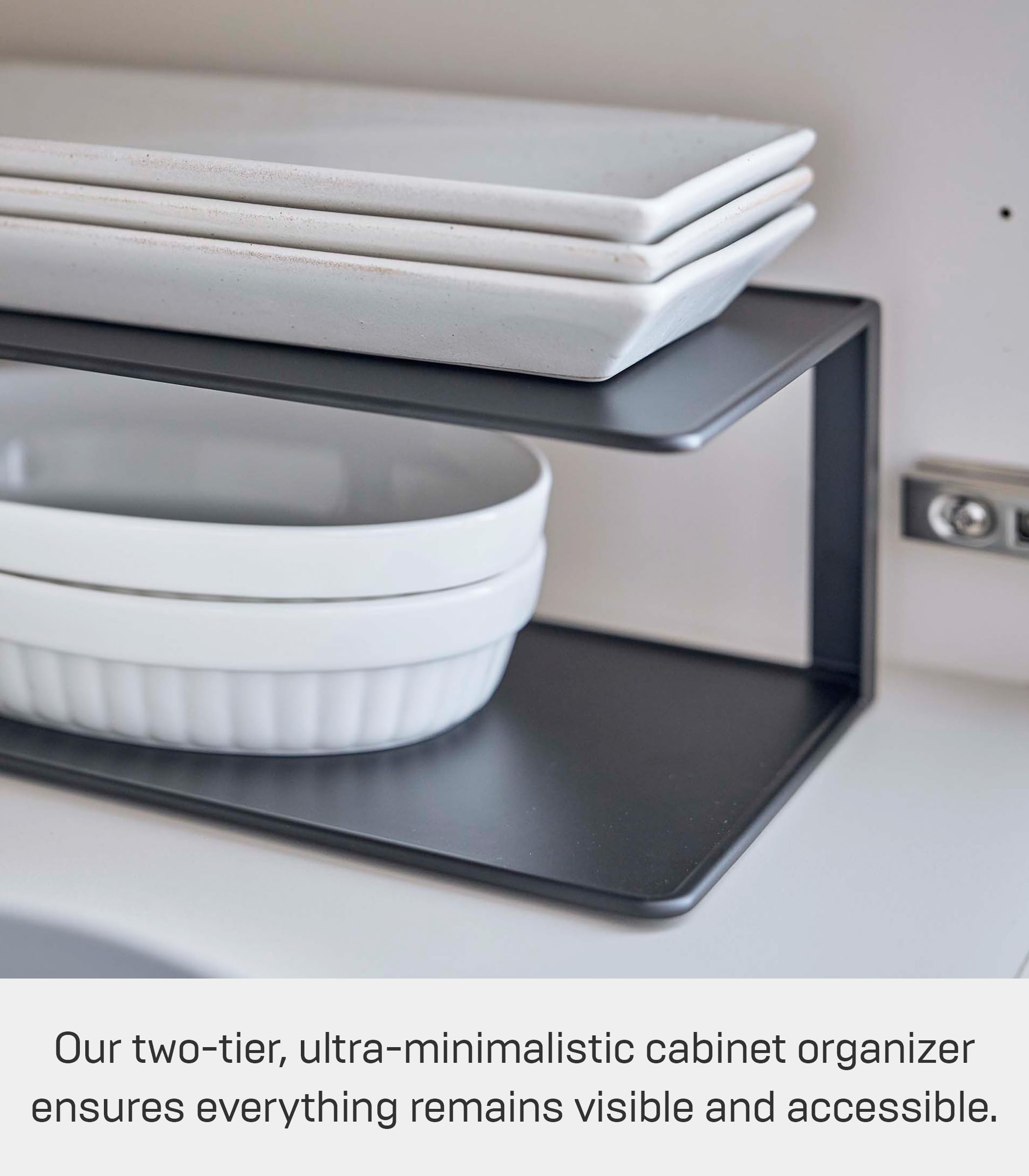 Yamazaki Home Dish Storage Rack With Two Tiers, For Kitchen Countertop Dinnerware Dinner Plate Cabinet Organizer, Long Metal Hol