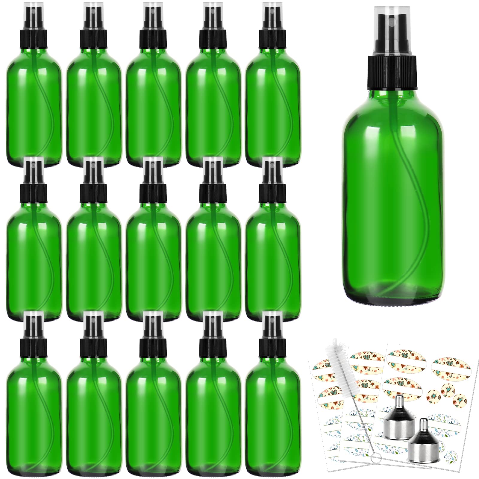 Cyclemore 120Ml 16 Pack 4Oz Green Glass Spray Bottles With Fine Mist Sprayers, Glass Travel Bottles For Cosmetic, Essential Oils