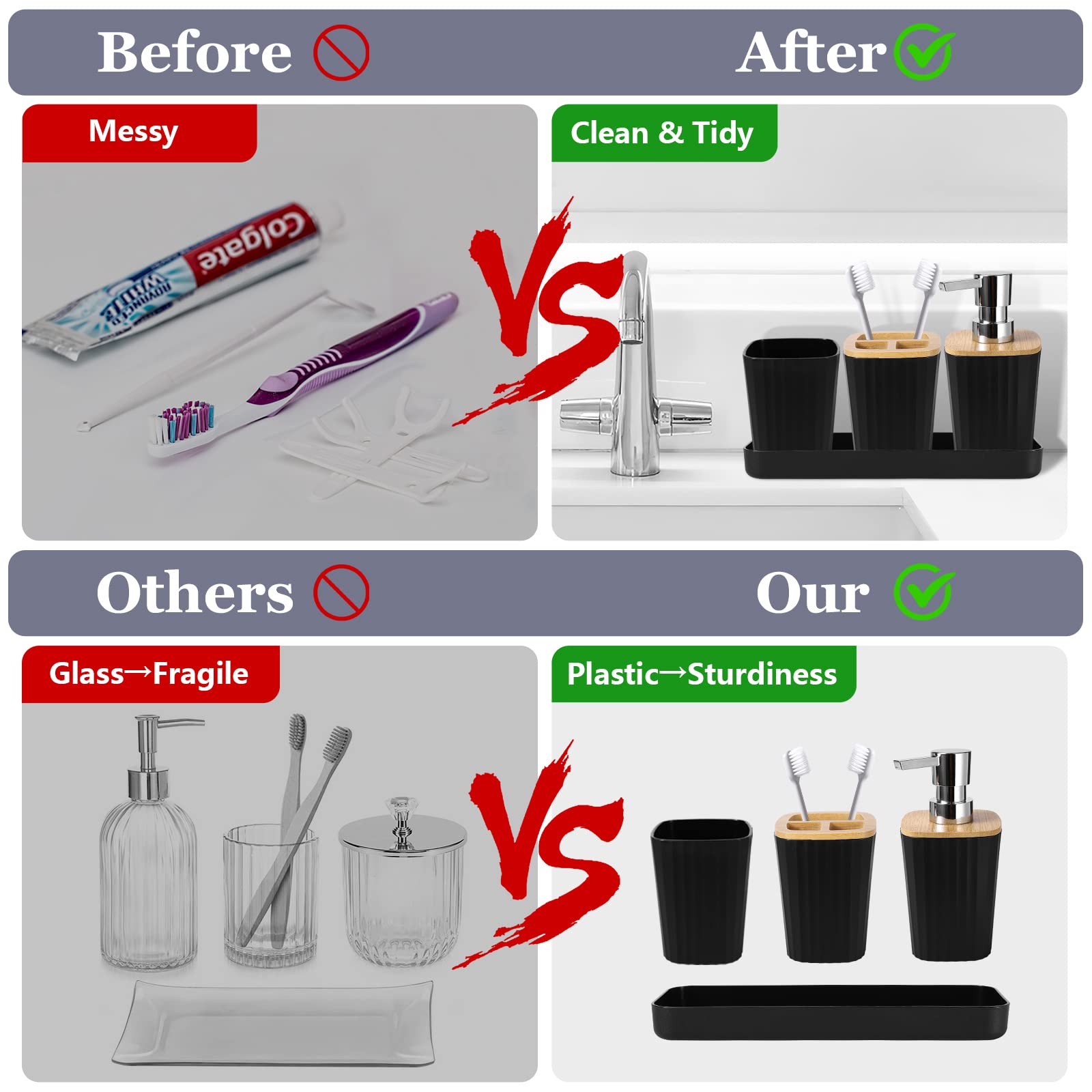 Black Bathroom Accessories Set, 9 Piece Bathroom Accessory Set With Trash Can,Tray,Soap Dispenser,Toothbrush Holder,Toothbrush C