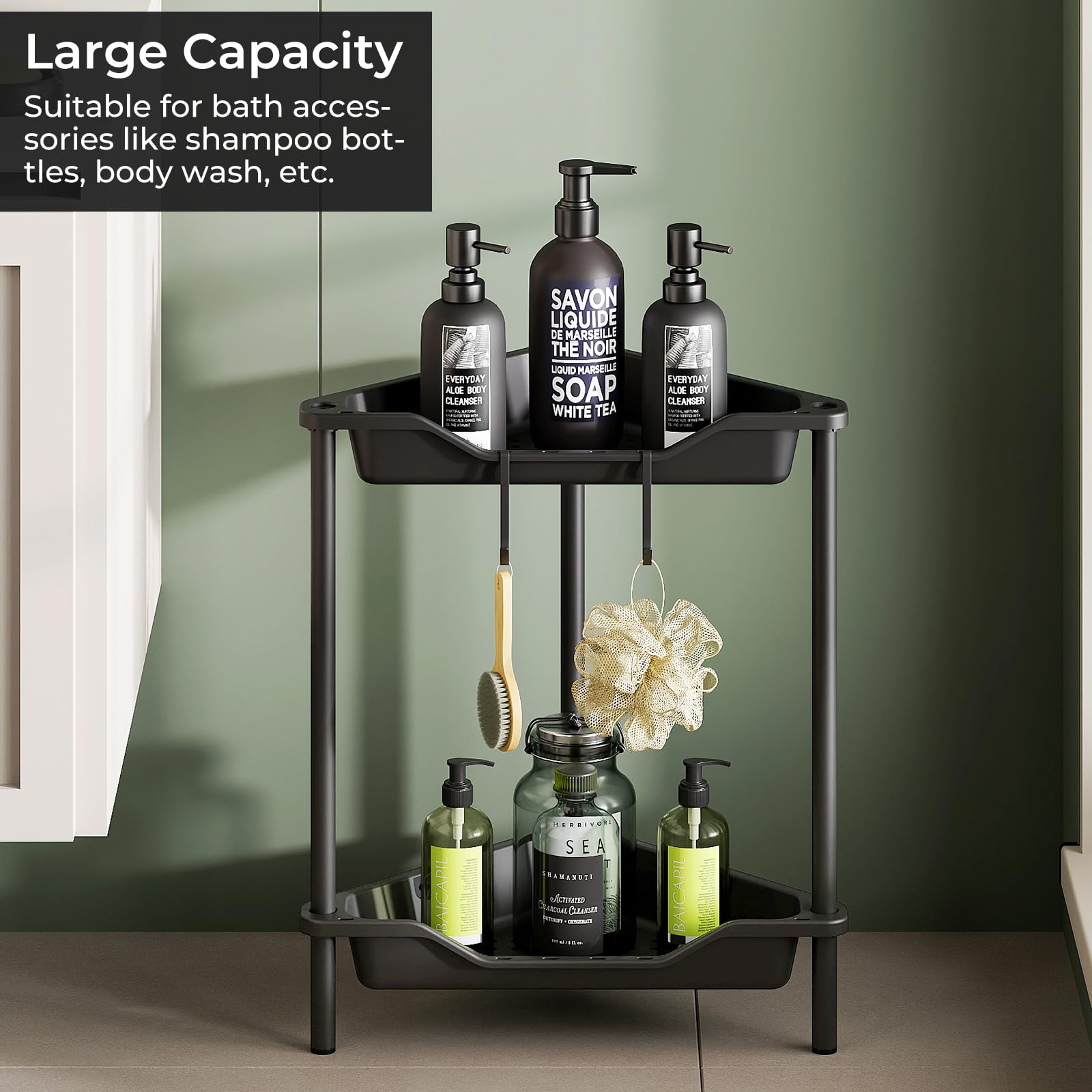 Odesign 2 Tier Floor Standing Corner Shower Caddy Organizer Plastic Metal Splicing Shelf Storage Rack For Bathroom Black - Rustp
