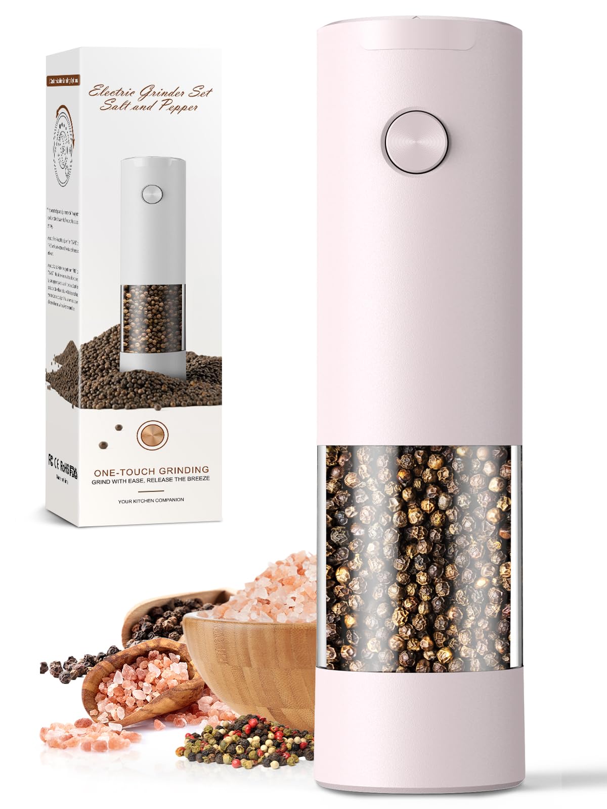 1 Pack Salt and Pepper Grinder-Birthday Gifts for Mom Automatic Battery Upgraded Larger Capacity Pink Salt Pepper Set New Apartm