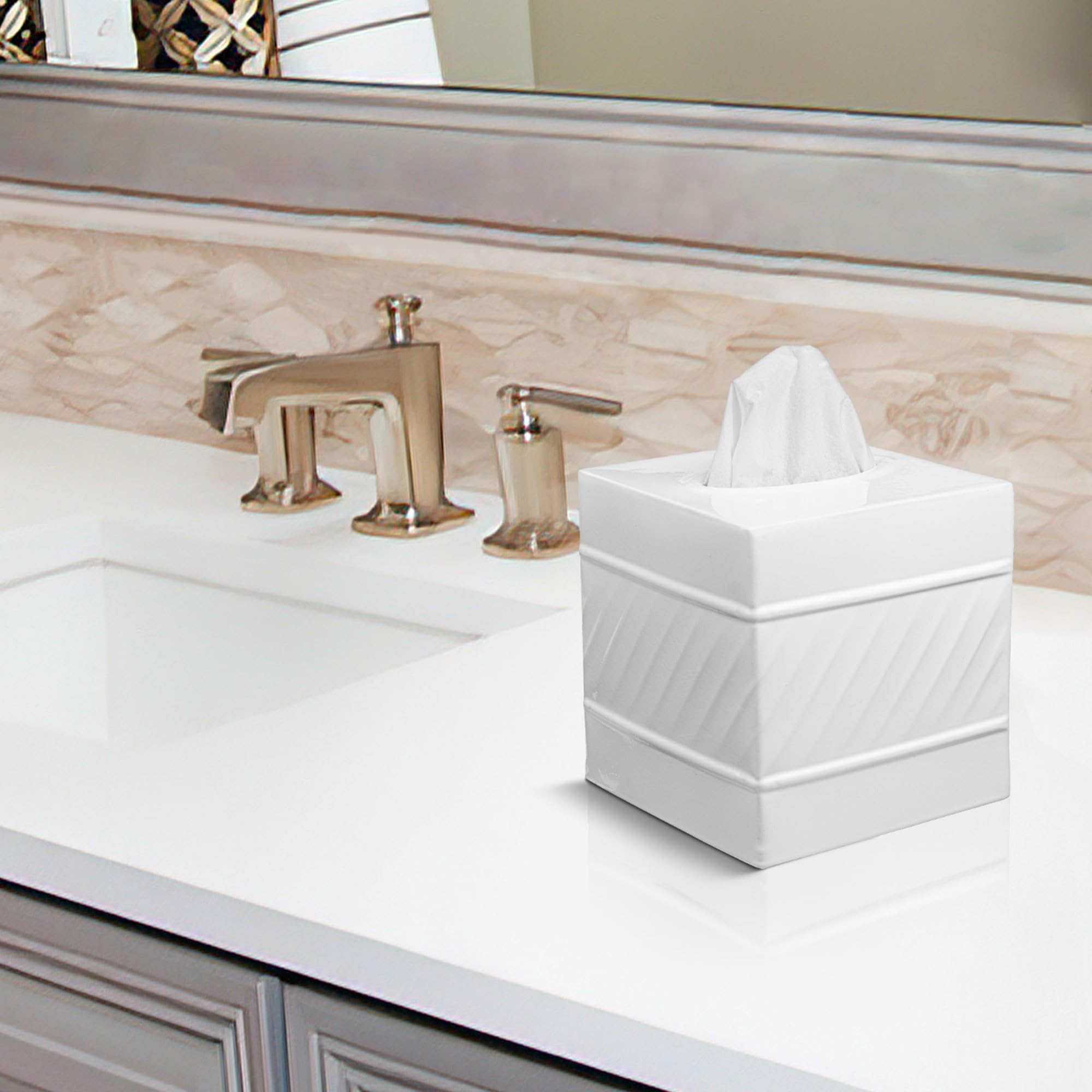 Monarch Abode 39027 Handcrafted Tissue Box Square Cover Holder And Dispenser, Wave Embossed, Metal Dresser Accessories For Offic