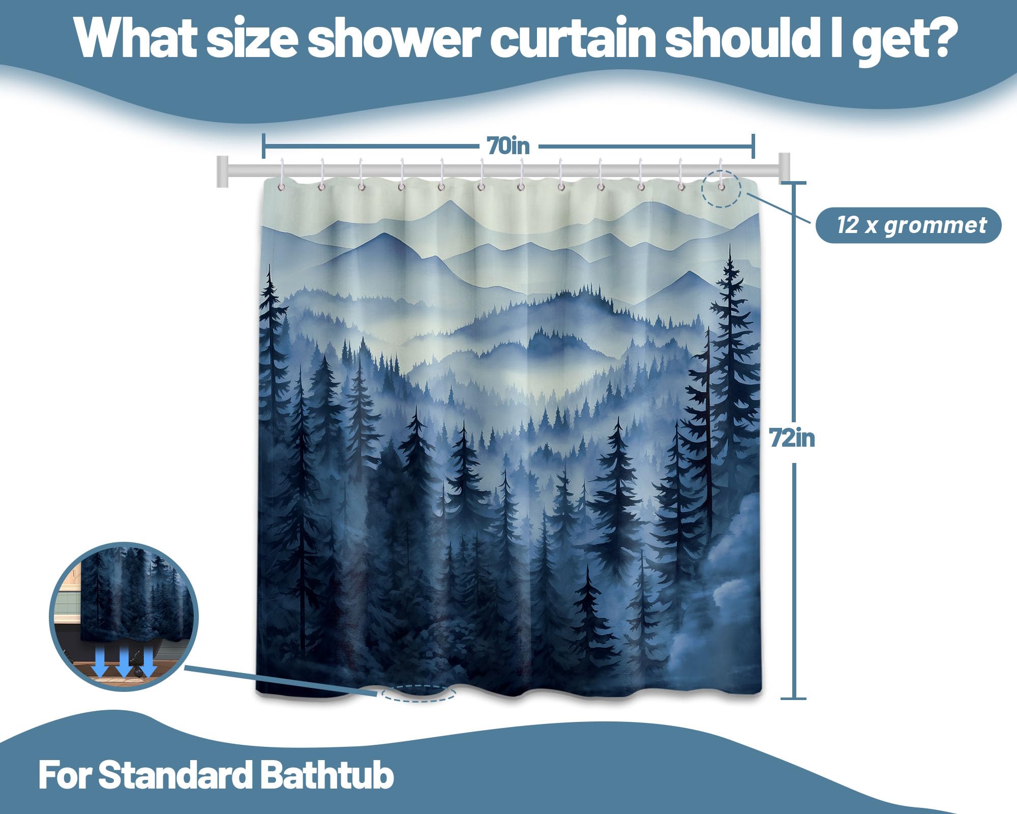 Qghot Mountain Shower Curtain Sets, Navy Blue Shower Curtains For Bathroom, Nature Woodland Forest Waterproof Pine Tree Bathroom