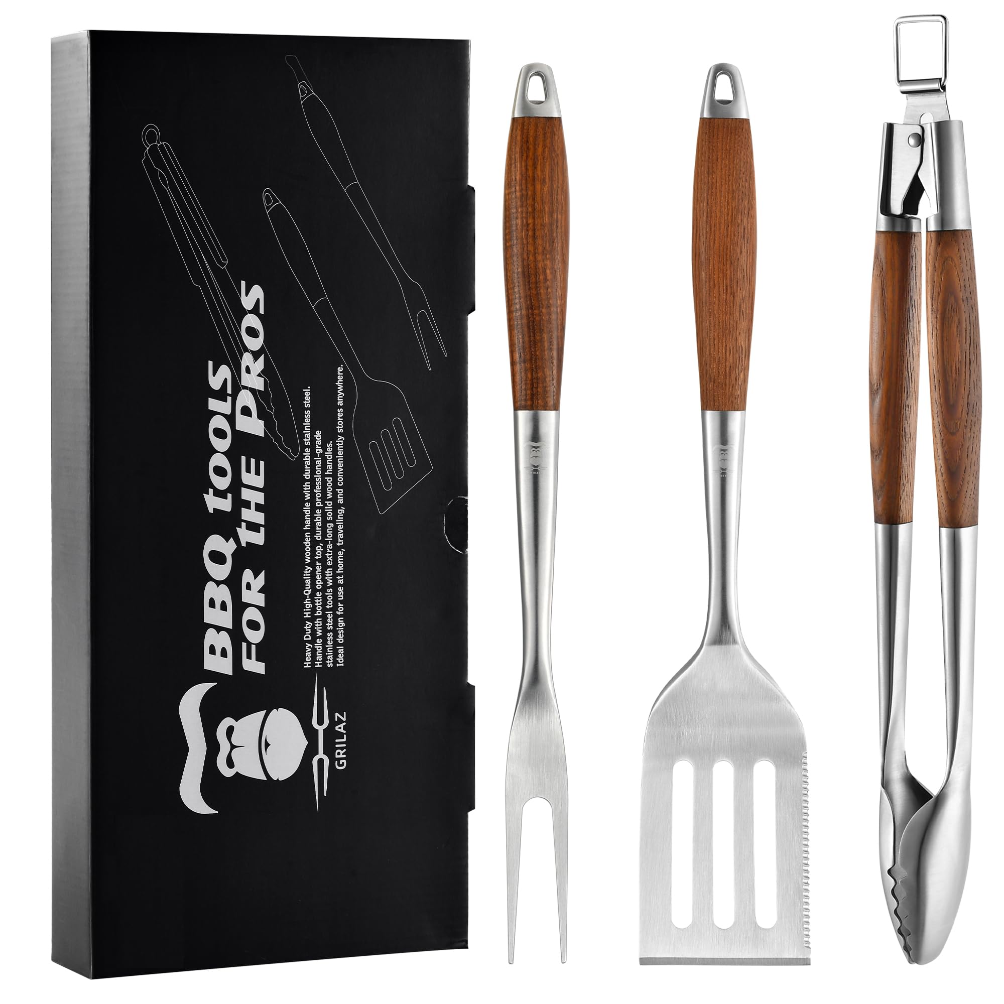 Heavy-Duty Heat-Treated Ash Wood BBQ Grilling Tools Set | Extra-Thick Stainless Steel Spatula, Fork & Tongs | Essential Barbecue