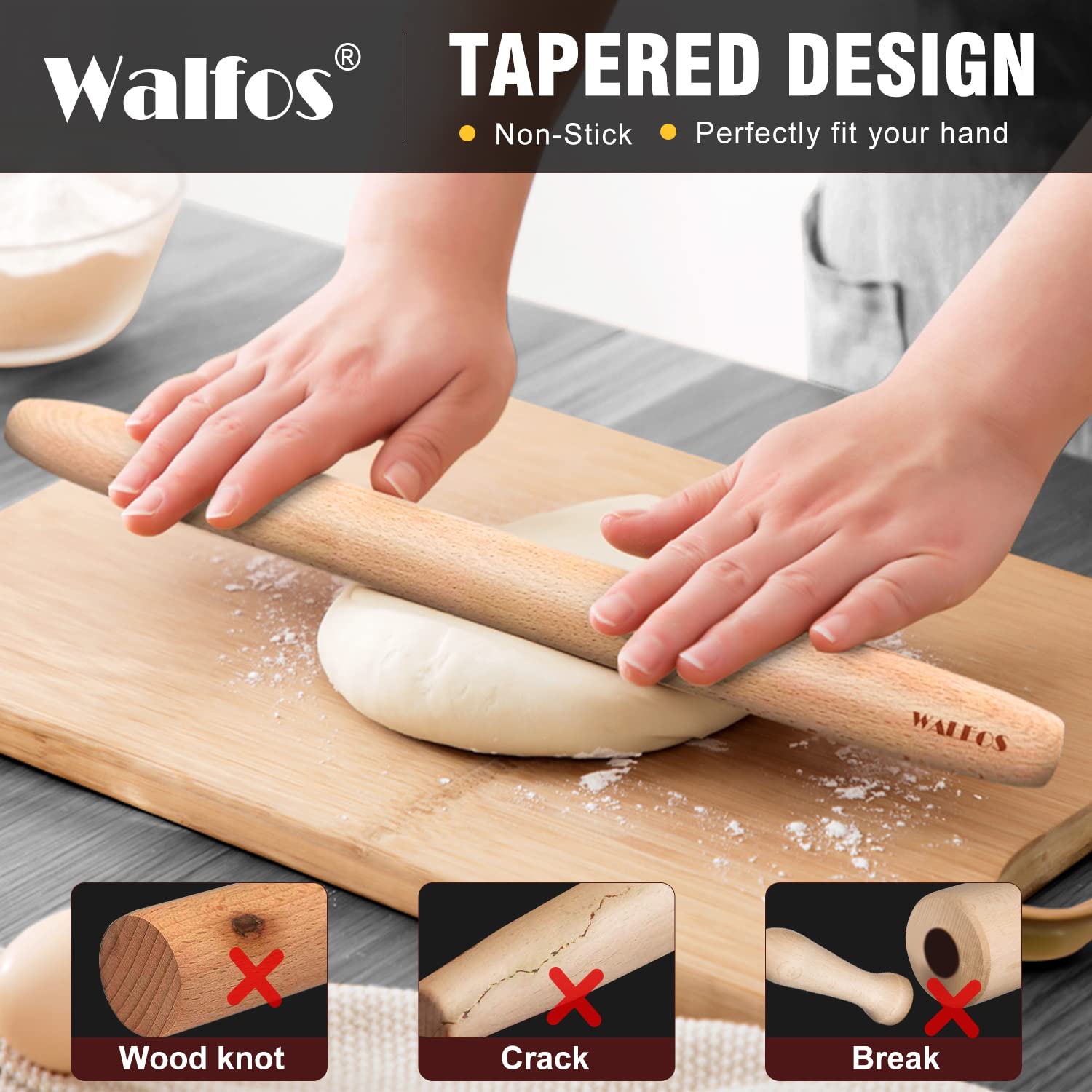 WALFOS French Rolling Pin Roller for Baking Pizza Dough  Pie and Cookie Beech Wood(15.7 Inch)