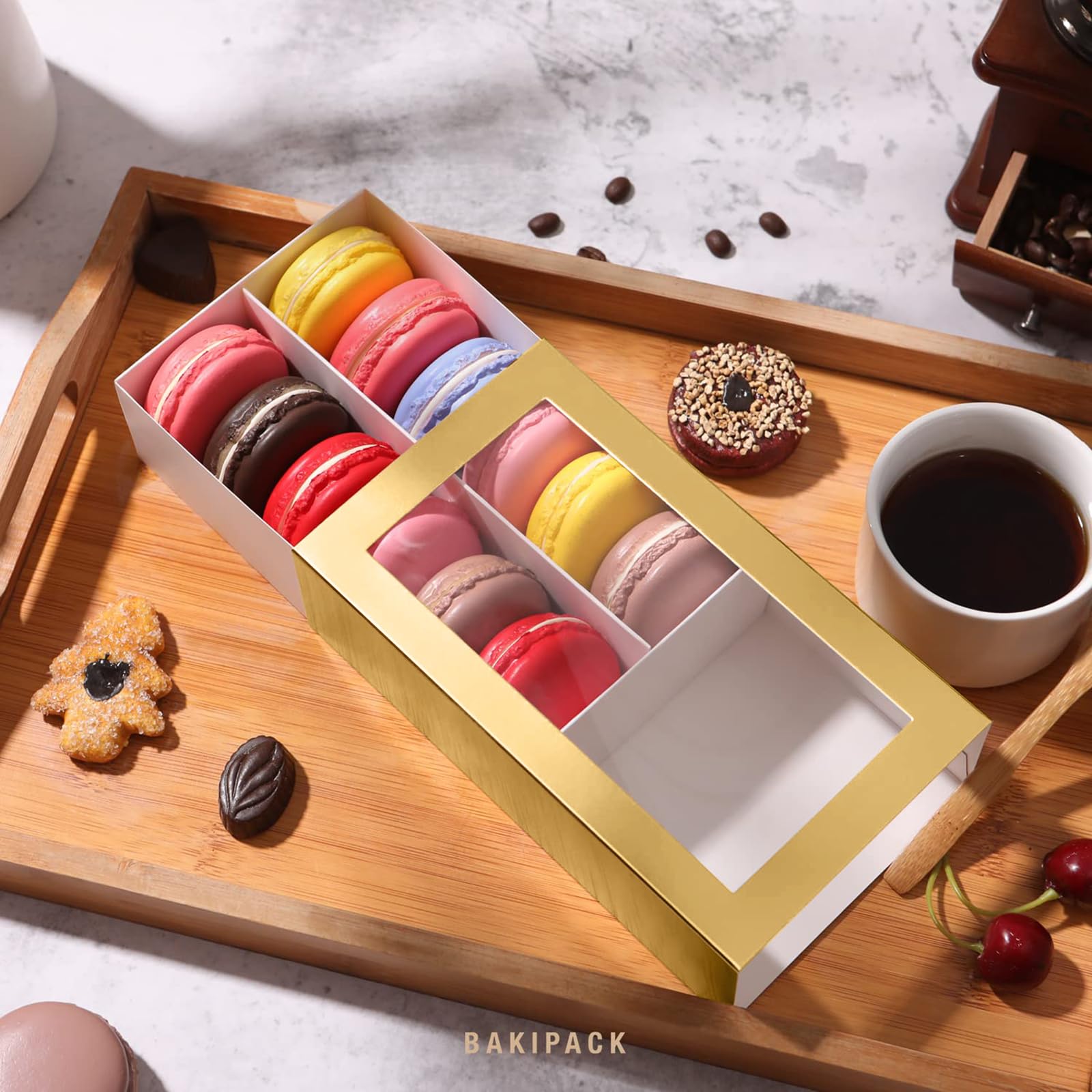BAKIPACK Macaron Boxes - 15 Gold Macaron Gift Boxes with Clear Window, Interior 7.3x4.2x1.9 Inches