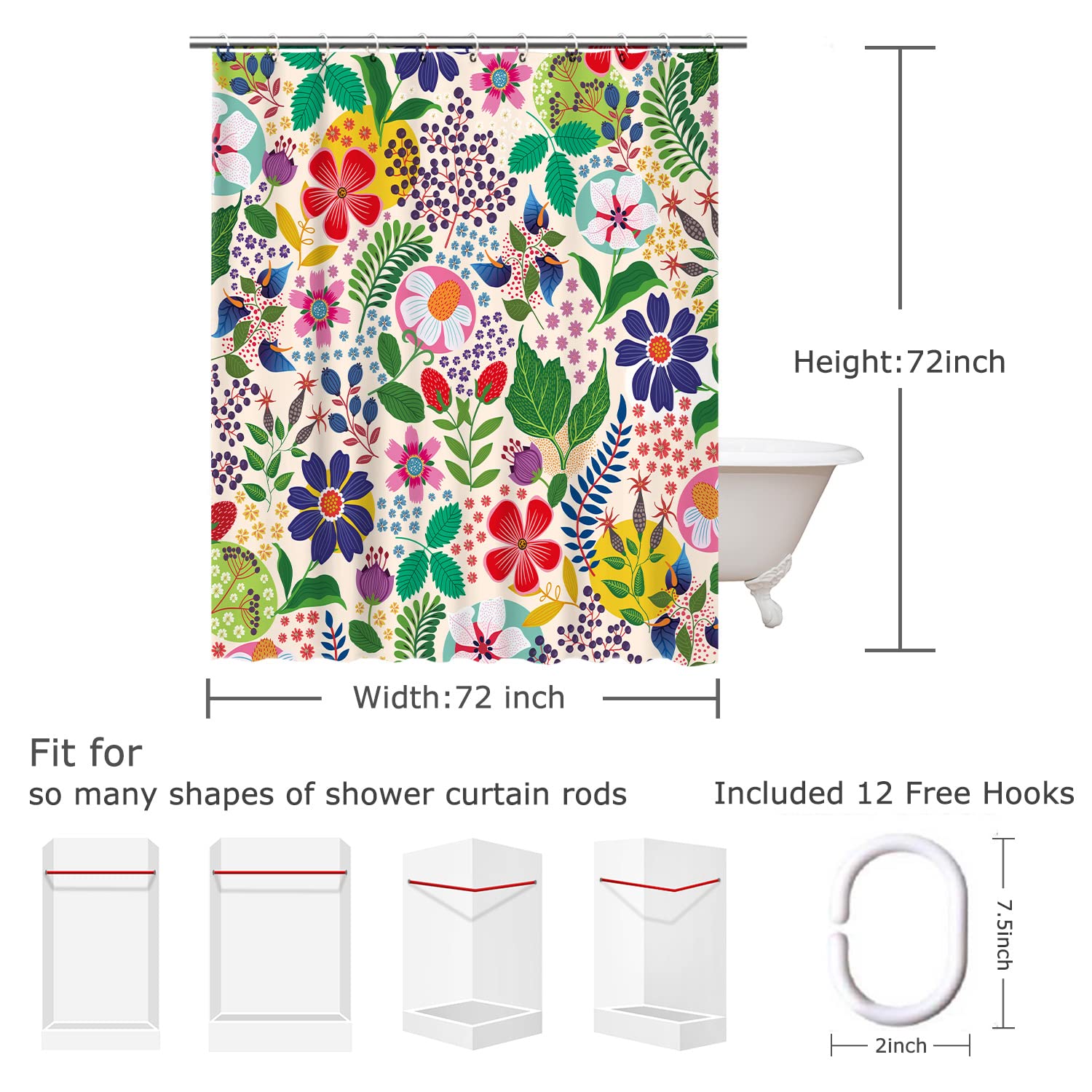 Livilan Floral Shower Curtain Colorful Shower Curtain Flower Boho Bright Unique Flowered Fabric Bohemian Shower Curtain For Bath
