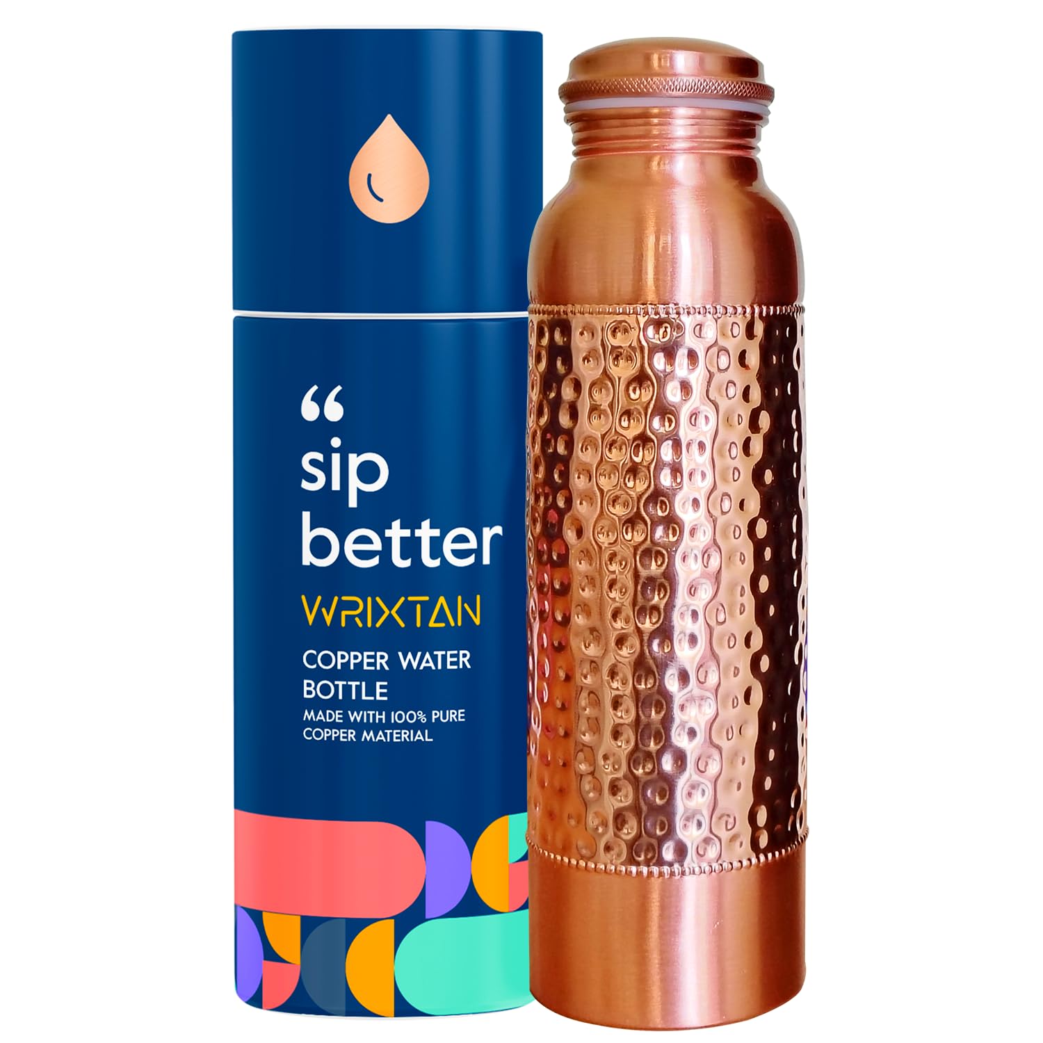 WRIXTAN Pure Copper Water Bottle  1 Liter (34 Oz) | Classic HalfHammered Design | LeakProof, EcoFriendly, Durable & TravelF
