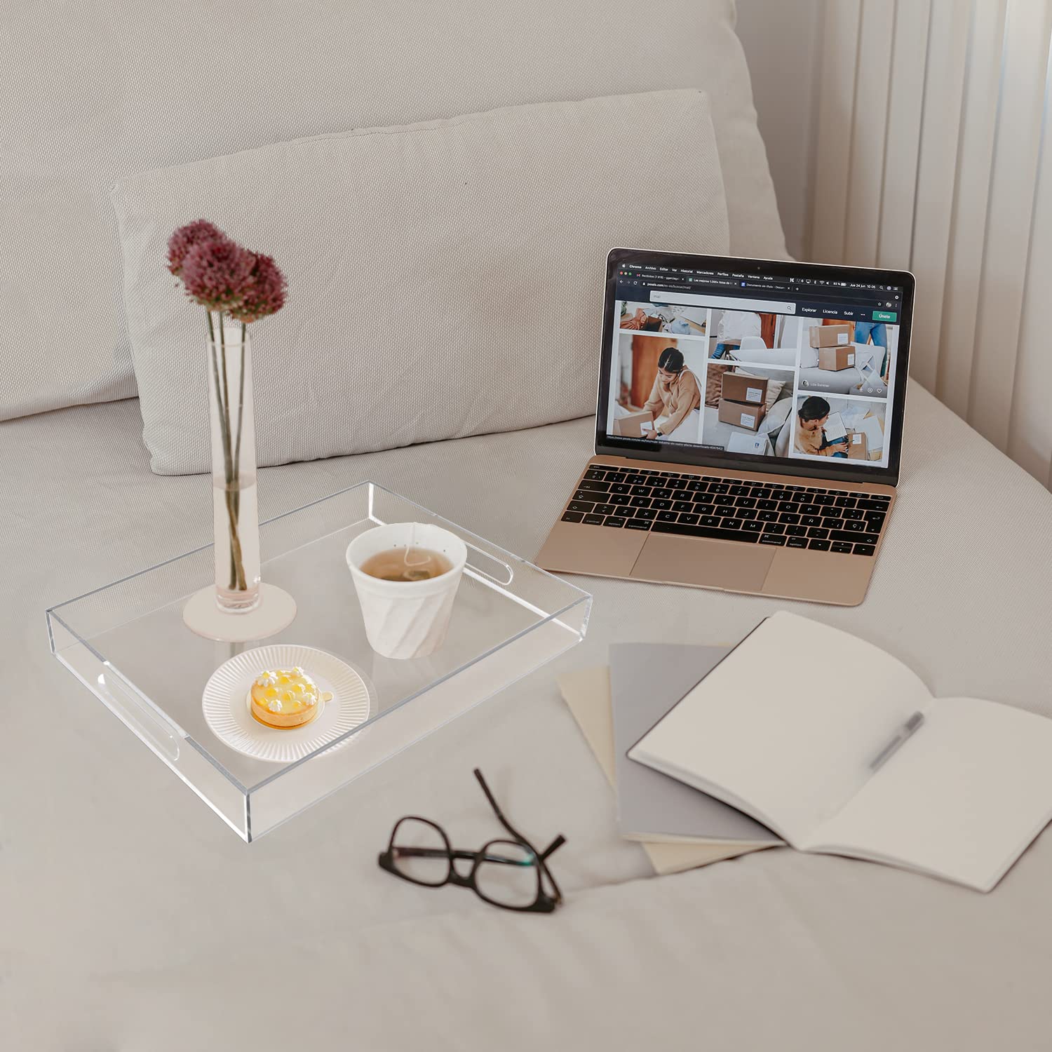 Allhercom Acrylic Serving Tray (12X16X2Inch) With Handles-Spill Proof-Clear Decorative Tray For Appetizer,Breakfast-Countertop O