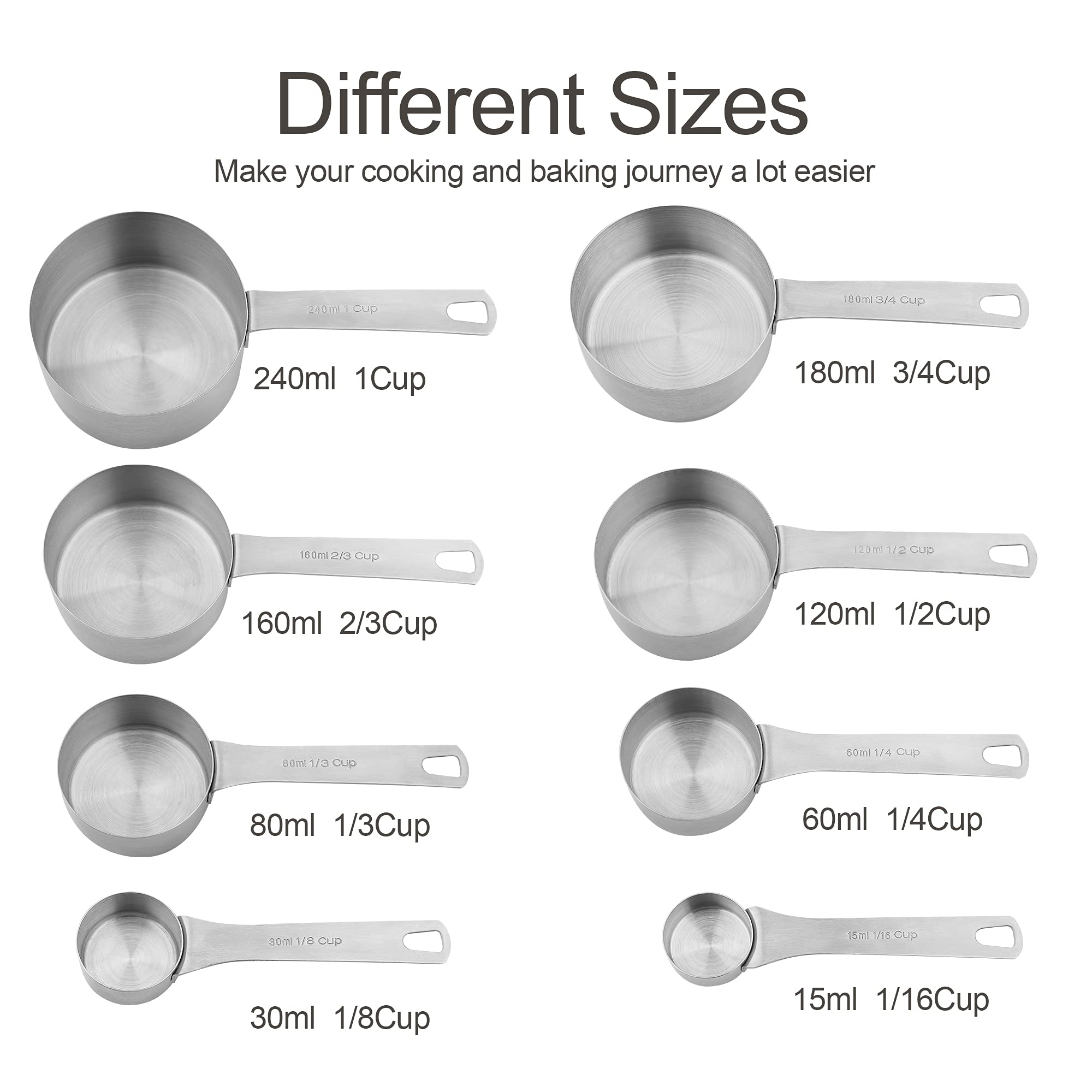 Viwehots Measuring Cups Set, 18/8 (304) Stainless Steel Measuring Cups, 8 Dry & Liquid Metric Measurement Cups, Heavy Duty Metal