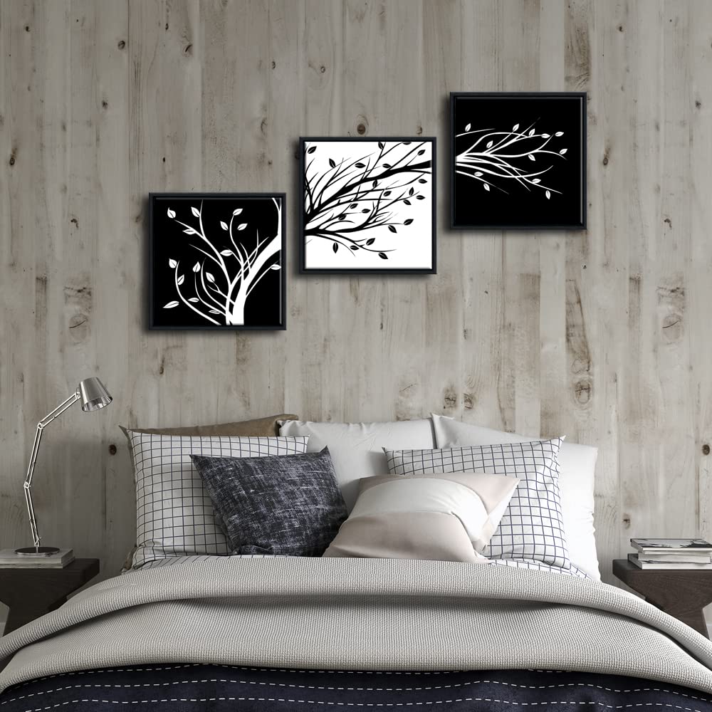 Wieco Art Framed Leaves Modern 3 Panels Flowers Artwork Canvas Prints Black And White Abstract Floral Trees Pictures Paintings O