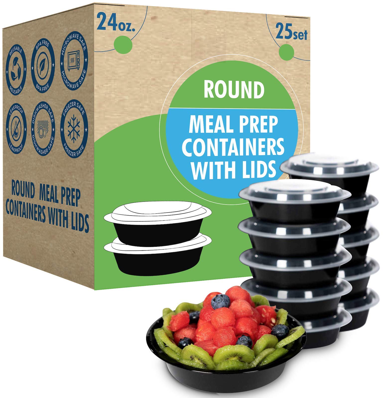 SafeWare Meal Prep Container Reusable with Lids [25 Set- 24oz] Round Ideal-Food Prep Containers, Food Storage Bento Box | Stacka