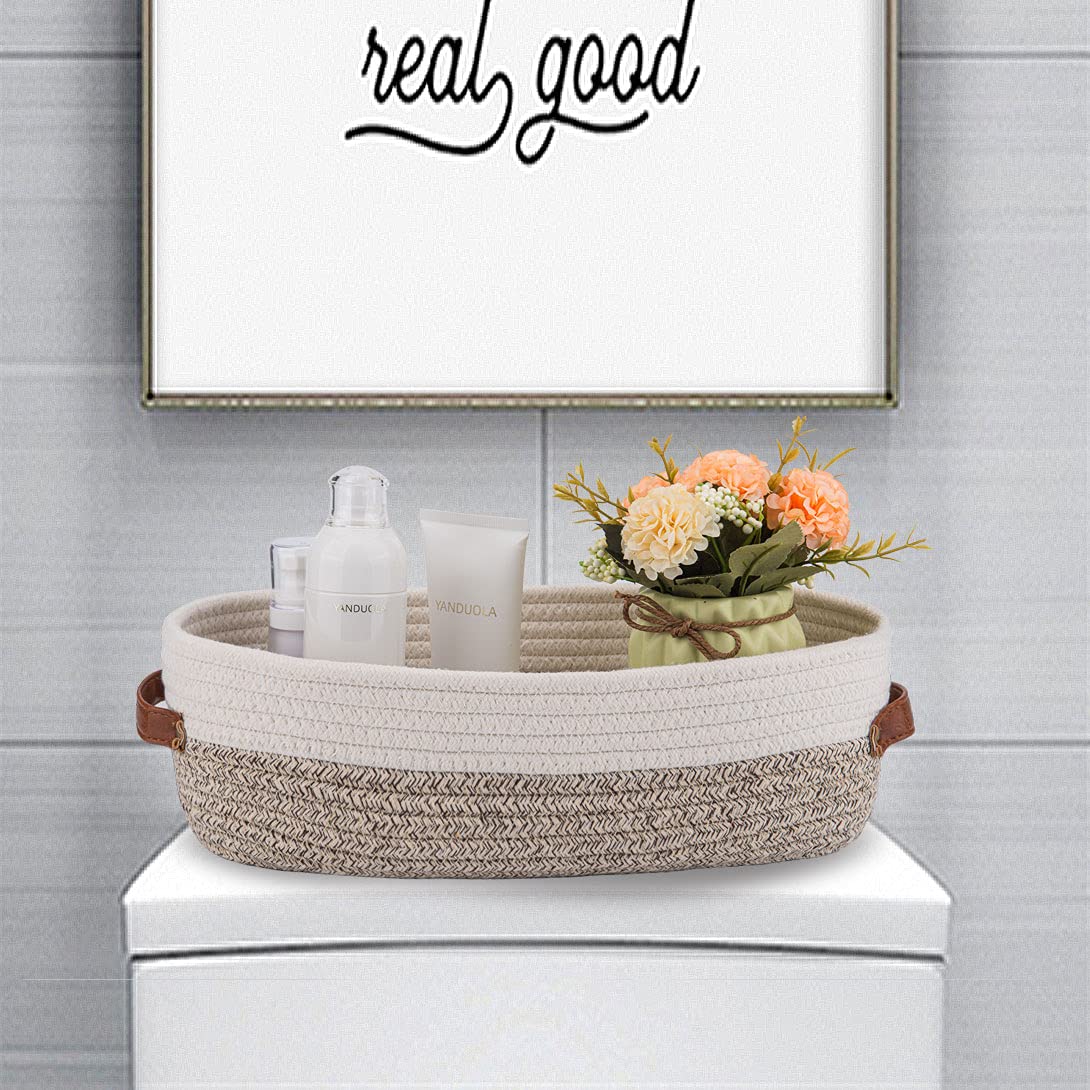 Oradrem Woven Storage Basket for Toilet Tank Top Farmhouse Home Decor Organizing Basket for Bathroom Table and Counter 13''x5.9''x4'' Apricot Stitching White