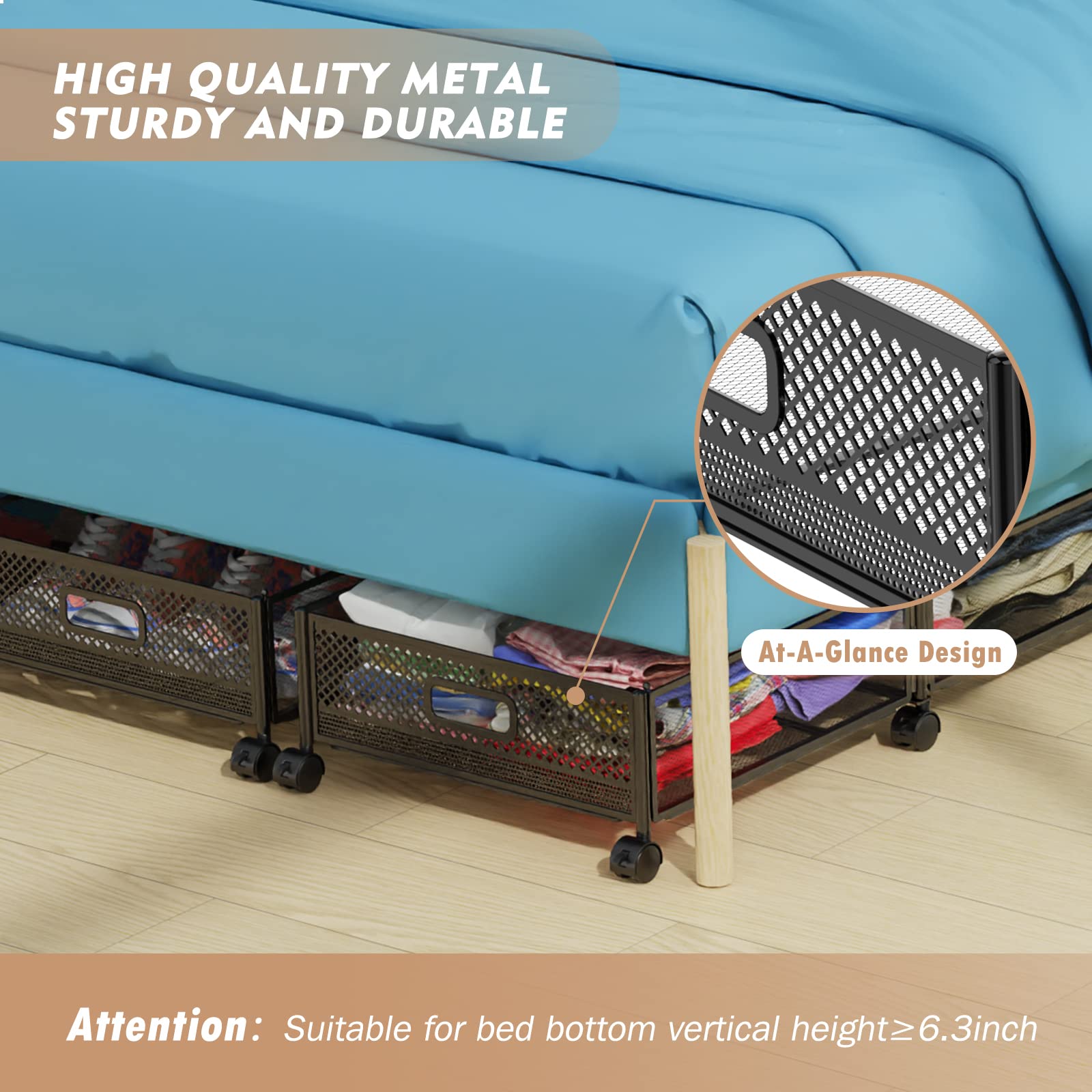 Under Bed Storage, Upgraded 31.5 inch Large Rolling Under Bed Storage with Wheels, Metal Foldable Under Bed Drawers Organizer,To
